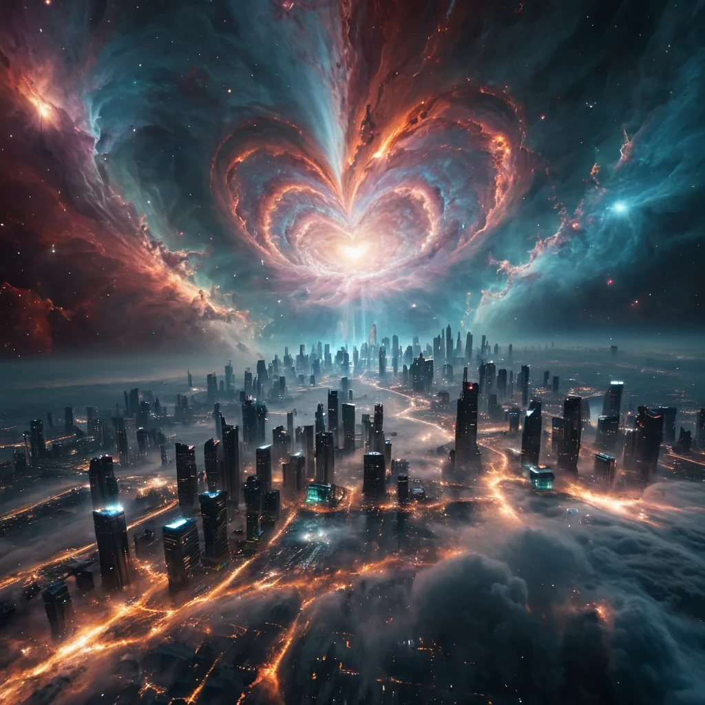 Photorealistic, colossal, floating, opalescent, nebula metropolis, its hyperrealistic, 4K, billowing structures revealing ultra HD glimpses of a swirling, cosmic world within. Volumetric lighting from an unseen, supernova source etches the citys ethereal, cloudlike towers, casting intricate, dynamic, stellar shadows on the mirrored, cosmic void. Cinematic lighting bathes the scene in vibrant, otherworldly hues, with lens flare emphasizing the citys central, radiant, pulsating, nebula heart, throbbing with captive, alien celestial energy.