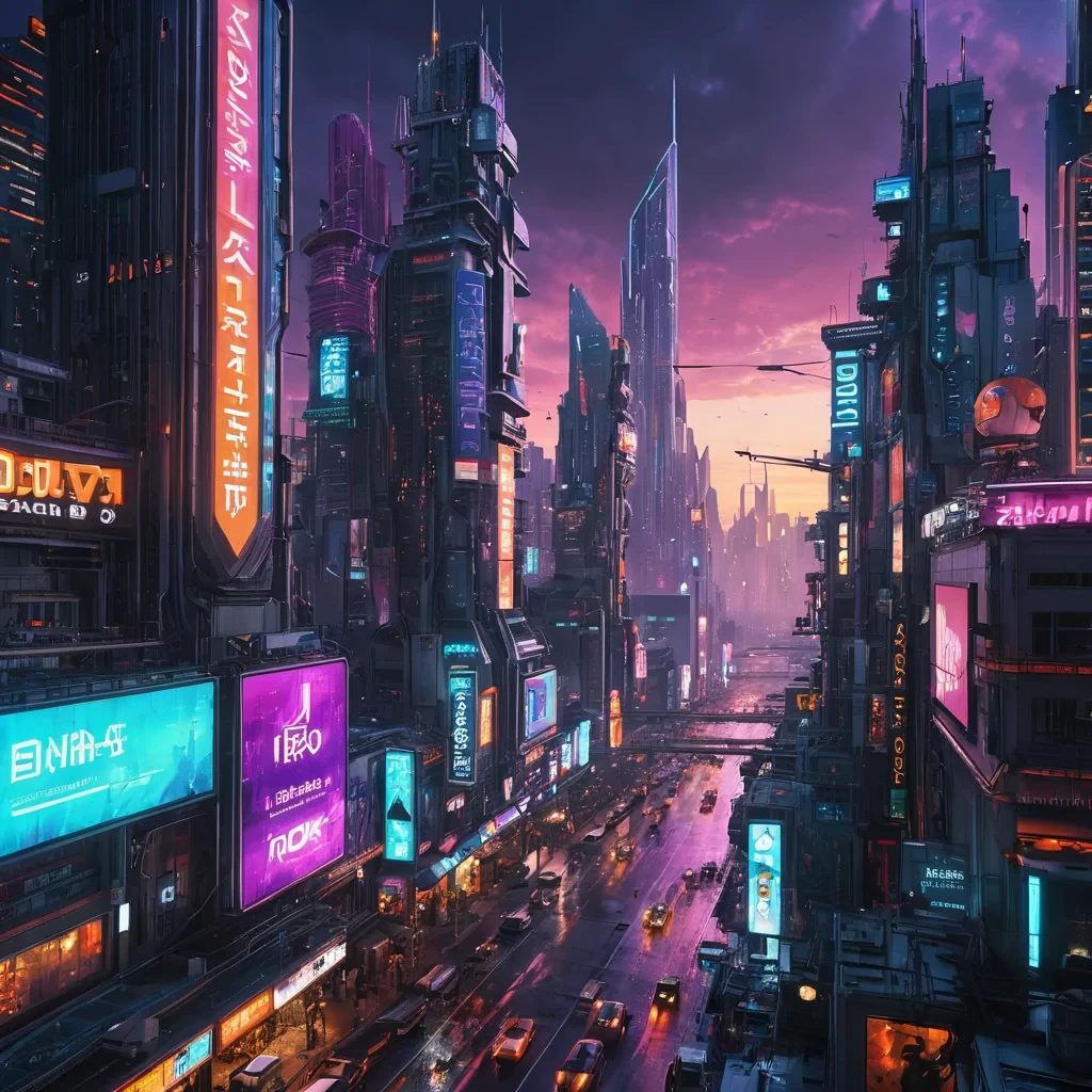 A hyperrealistic, 4K, ultra HD, photorealistic depiction of a bustling, neonlit cyberpunk metropolis at dusk, its towering skyscrapers and holographic billboards casting vibrant, prismatic reflections on the rainslicked streets below. Volumetric lighting from the setting sun and pulsating neon signs etches the citys intricate, geometric architecture, creating a mesmerizing interplay of light and shadow. Cinematic lighting bathes the scene in a symphony of electric blues, deep purples, and fiery oranges, with lens flare emphasizing the citys central, radiant spire, pulsating with the energy of a million artificial intelligences. Photorealistic, fractal, zerogravity advertisements unf