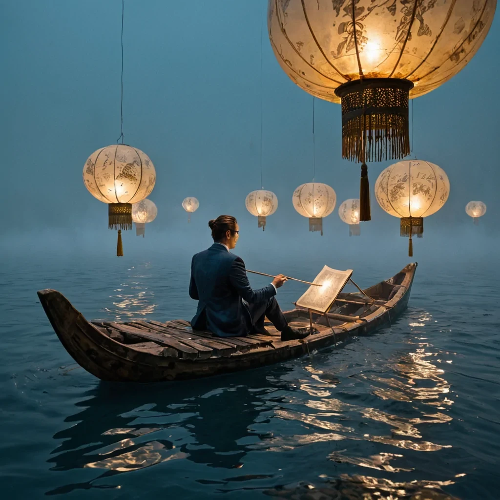 A hyperrealistic, eyelevel medium shot of a solitary artisan seated on a floating raft of petrified wood, navigating a vast, still sea of liquid indigo ink. The artisan wears a suit constructed from layered, translucent sheets of pressed parchment, their edges glowing with warm, amber light. They are meticulously applying gold leaf calligraphy to a massive, hovering scroll made of semisolidified smoke that unravels upwards into the misty sky. Surrounding the raft are dozens of suspended, glassblown lanterns shaped like intricate compasses, each emitting a soft, directional beam of pale teal light that cuts through the heavy atmosphere. The waters surface is perfectly mirrorlike, reflecting the swirling smoke scroll and the compass lanterns with crystalline
