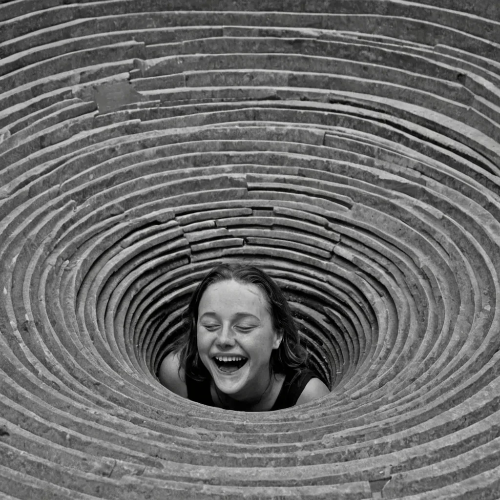 A single, selfresonating column of reversed laughter, shaped like a 4,207dimensional cascade of unformed mirth and inverted joy, erupts from the center of a vast, inverted amphitheater of solidified silence. Each ripple is spun from the exact moment between a sound leaving the lips and its refusal to travel through air, a joke forming in the mind and dissolving into nonhumor, a shared grin fading into the void and collapsing into pure, unmeasured nonconnection. The cascade does not amplify emotionit unamplifies it, each trembling wave shedding a layer of affective potential that never coalesced into warmth, synchrony, or the weight of being understood. As it expands outward