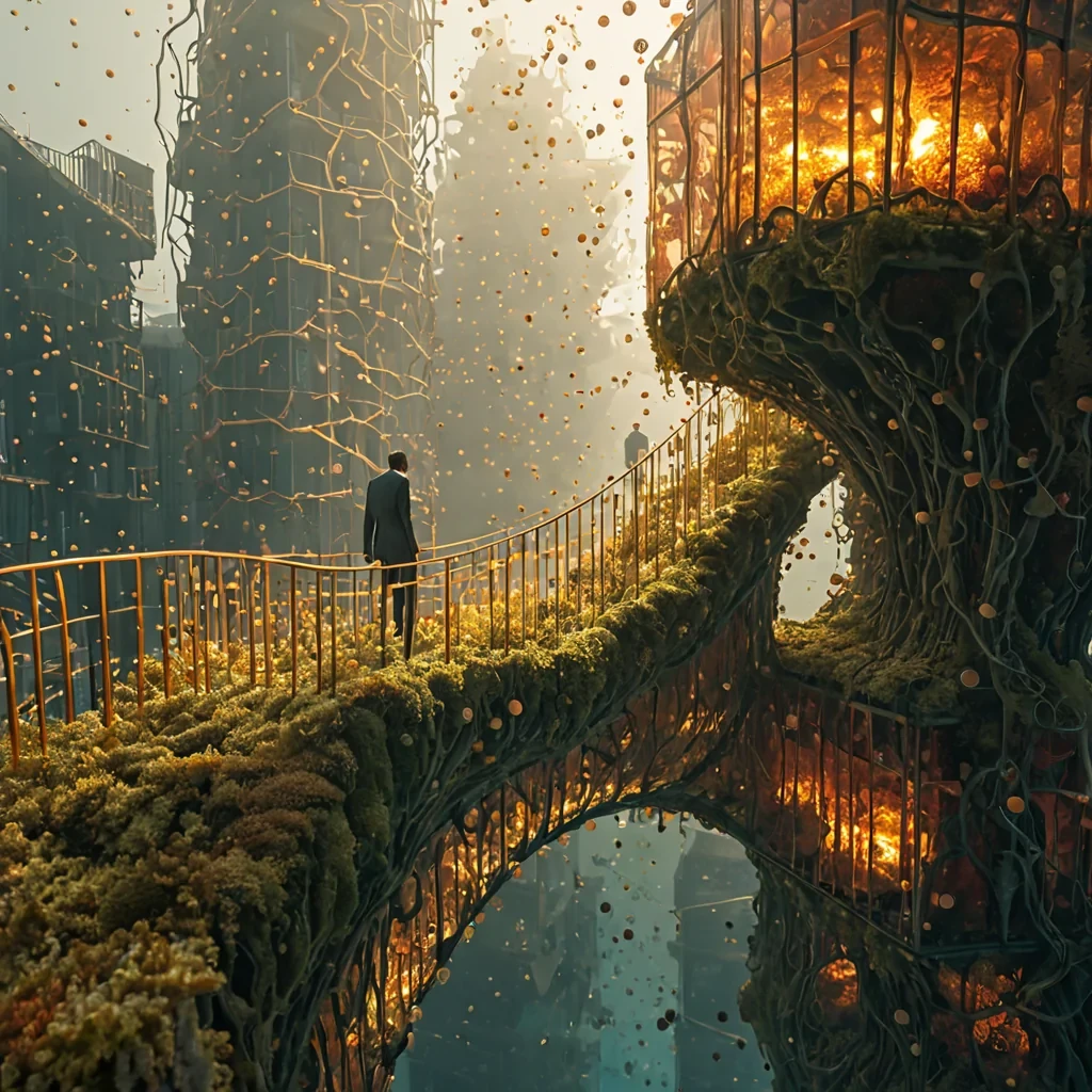 A horizontal, isometric view of a bustling, vertical cityscape constructed entirely from translucent, layered sheets of amber resin that float in a dense, warmhued fog. The buildings are formed by stacked, organic geometric shapesspirals, dodecahedrons, and flowing ribbonsencasing tiny, suspended ecosystems of miniature coral reefs and glowing moss. In the foreground, a pedestrian bridge made of woven copper wire arches across a gap, where a figure clad in a suit of iridescent beetleshell armor walks slowly, their silhouette illuminated by the soft, golden internal light of the resin blocks. The atmosphere is thick with floating particles of gold dust and spores that catch the directional sunlight filtering through the fog, creating sharp, volum