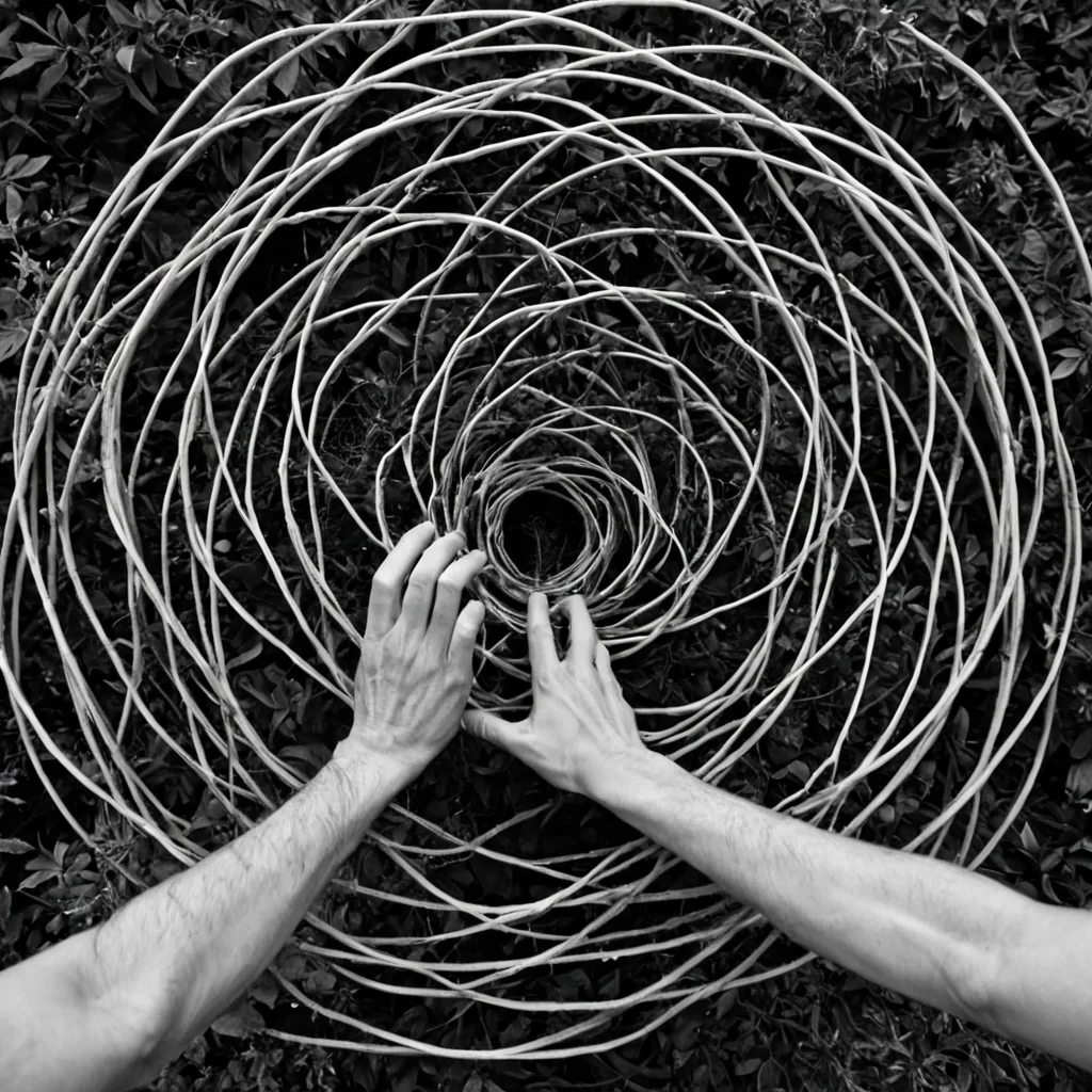 A single, selffragmenting filament of reversed empathy, shaped like a 47,203dimensional thread of unformed connection and inverted resonance, drifts through the core of a vast, inverted garden of solidified isolation. Each twist is spun from the exact moment between a hand reaching for another and its refusal to meet, a shared glance dissolving into nonrecognition, a smile forming on the lips and collapsing into pure, unmeasured nonintimacy. The thread does not transmit emotionit untransmits it, each shimmering strand shedding a layer of relational potential that never coalesced into trust, warmth, or the weight of being known. As it spirals through the gardens petrified vines, it