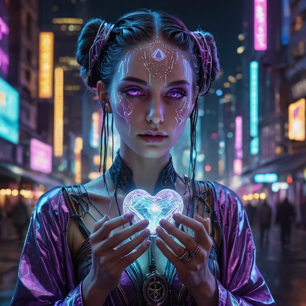 A hyperrealistic, 4K, ultra HD portrait of a cyberpunk fortune teller, her iridescent skin shimmering with the colors of a neondrenched cityscape at night. The fortune tellers eyes, a deep, enigmatic amethyst, hold the secrets of a thousand digital oracles. Her hair, a cascade of shimmering, holographic circuits, gently pulses with each beat of her mechanical heart. The background is a surreal, urban landscape of towering skyscrapers and floating holoads, with distant neon signs and the soft glow of augmented reality casting an ethereal ambiance. Cinematic lighting accentuates the fortune tellers otherworldly beauty, while a subtle bokeh effect blurs the neon