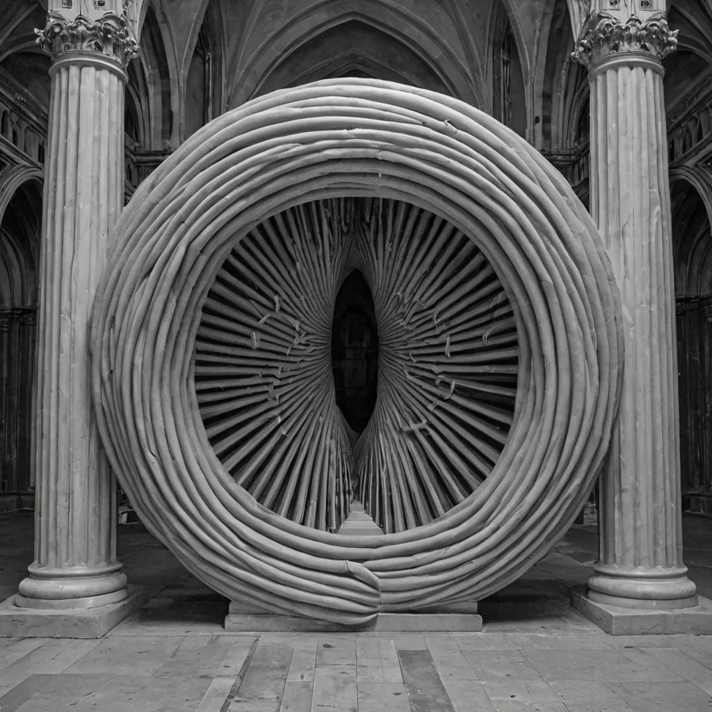 A single, selfilluminating filament of reversed silence, shaped like a 1029dimensional helix of unformed stillness and inverted quietude, pulses at the center of a vast, inverted cathedral of solidified soundeach pillar carved from the exact moment between a chime ringing and its refusal to echo, a hymn beginning and dissolving into nonresonant air, a breath exhaled and collapsing into pure, unperceived absence. The filament does not silenceit unsilences, each trembling coil shedding a layer of acoustic potential that never coalesced into a shared resonance, reforming into ephemeral, obsidianthreaded afterimages shaped like the negative space between two mouths that never formed the same word