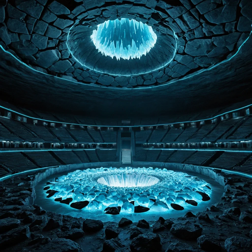 A hyperrealistic, eyelevel perspective of a vast, circular amphitheater constructed from polished, translucent sheets of frozen nitrogen ice, situated within a deep, subterranean cavern on a distant ice moon. The seating tiers curve inward, composed of thousands of individual, hexagonal ice pods that glow with a faint, rhythmic cyan bioluminescence, resembling a living hive. In the center of the arena, a solitary, massive geode has been split open, revealing an interior filled with jagged, electricblue crystals that pulse with synchronized, rhythmic light, casting sharp, prismatic reflections across the smooth, glossy floor. Above, the cavern ceiling is a dome of dark, porous basalt rock, from which hang slender, glowing