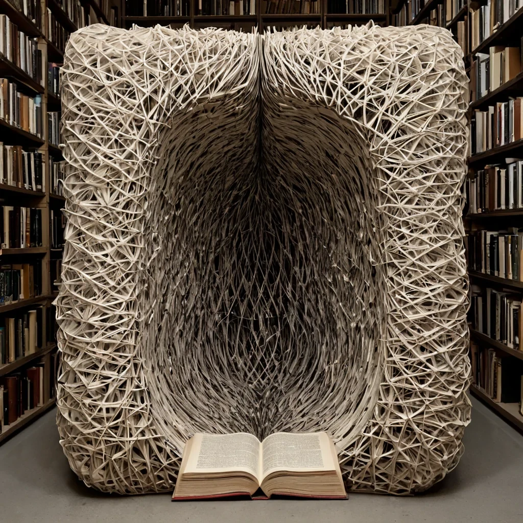 A single, selfrewriting archive of reversed silence, shaped like a 1,000,000dimensional lattice of unformed data and inverted information, floats at the center of a vast, inverted library of solidified forgetting  each book carved from the exact moment between a hand opening a volume and its refusal to turn a page, a sentence being read and dissolving into nonsemantic void, a voice whispering a title and collapsing into pure, unmeasured nonknowledge. The archive does not store memory  it unstores it, each fraying filament shedding a layer of cognitive potential that never coalesced into conscious understanding, reforming into ephemeral, obsidianveined afterimages shaped like the