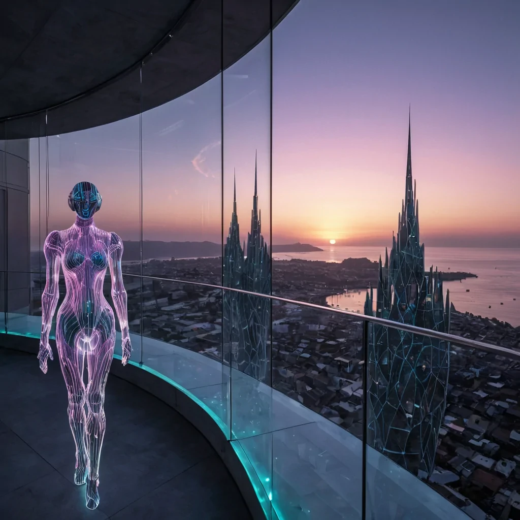 A hyperrealistic, lowangle wide shot of a sprawling, terraced city built entirely from translucent, layered sheets of opalescent motherofpearl, rising steeply from a calm, dark ocean. The architecture features sweeping, organic curves and sharp, faceted geometric spires that catch the light of a binary sunset, casting long, iridescent shadows in hues of electric pink and deep teal. Suspended between the tiers are delicate, tensioncable bridges made of spun glass fiber, glowing with a soft, internal bioluminescence. In the foreground, a solitary figure wearing a sleek, white ceramic exosuit stands on a balcony, looking out at the horizon where the sky meets the sea in a gradient of violet and
