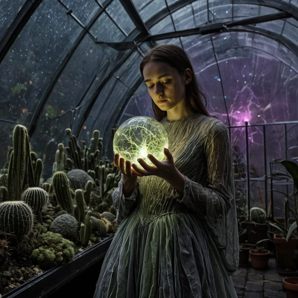 A vertical, hyperrealistic portrait of a young woman standing in a dimly lit, highceilinged greenhouse at night, her skin dusted with faint, iridescent bioluminescent powder that mimics the structure of a neural network. She is holding a transparent, hollow sphere made of polished amber resin, within which a miniature, slowmoving thunderstorm rages, complete with tiny, crackling arcs of white lightning and swirling mist. Her dress is constructed from layered, translucent sheets of pressed, dried lichen in varying shades of moss green and charcoal grey, stiff and rigid like armor, with edges that glow with a soft, pulsating violet light. The background is filled with towering, architectural cacti with smooth, glass