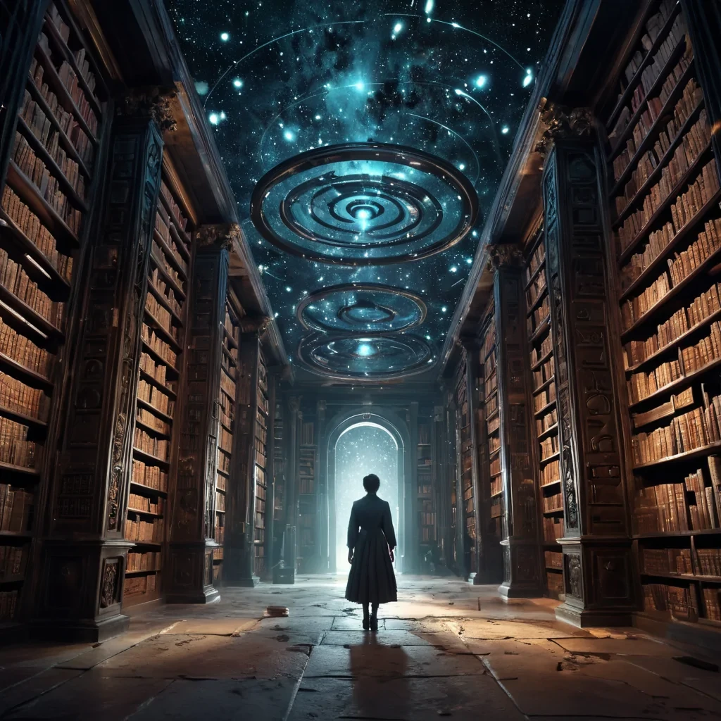 A colossal, ancient library, its towering shelves carved from a single, monolithic slab of obsidian, stretches infinitely into the cosmos. The librarys colossal, rotating doors, crafted from a labyrinth of interlocking, iridescent gears, cast dynamic, prismatic shadows across the desolate landscape. Within, a lone, spectral figure, clad in a tattered, vintage librarians uniform, drifts through the desolate space, their form composed of swirling, ethereal constellations. Ultra HD, cinematic volumetric lighting, atmospheric lens flare, vibrant, celestial colors.