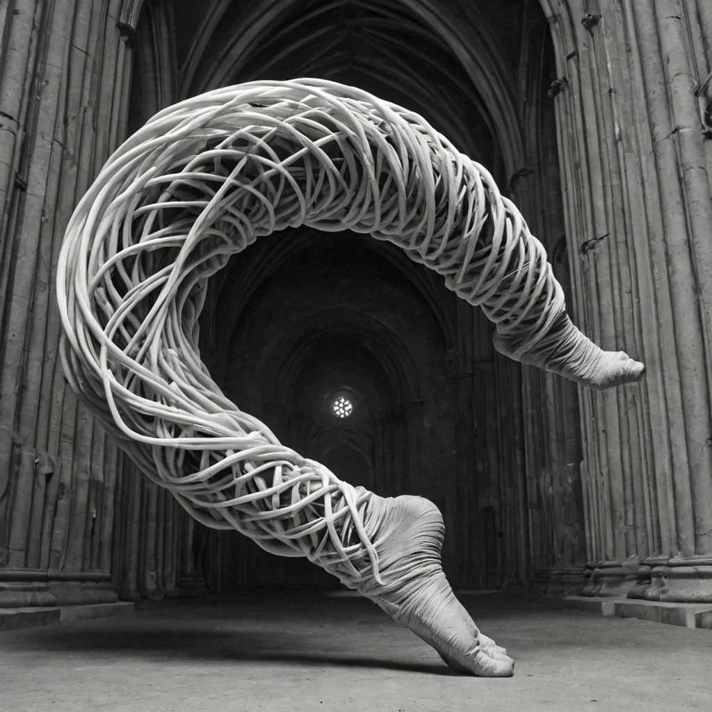 A single, selfsynthesizing filament of reversed gravity, shaped like a 17,842dimensional spiral of unformed weightlessness and inverted mass, drifts through a vast, inverted cathedral of solidified levitationeach arch carved from the exact moment between a foot lifting and its refusal to descend, a body floating and dissolving into nonphysical suspension, a breath held and collapsing into pure, unmeasured buoyancy. The spiral does not orbitit unorbits, each twisting node shedding a layer of gravitational potential that never coalesced into tangible pull, reforming into ephemeral, obsidianthreaded afterimages shaped like the negative space between two feet that never touched the ground in a dream of falling. The