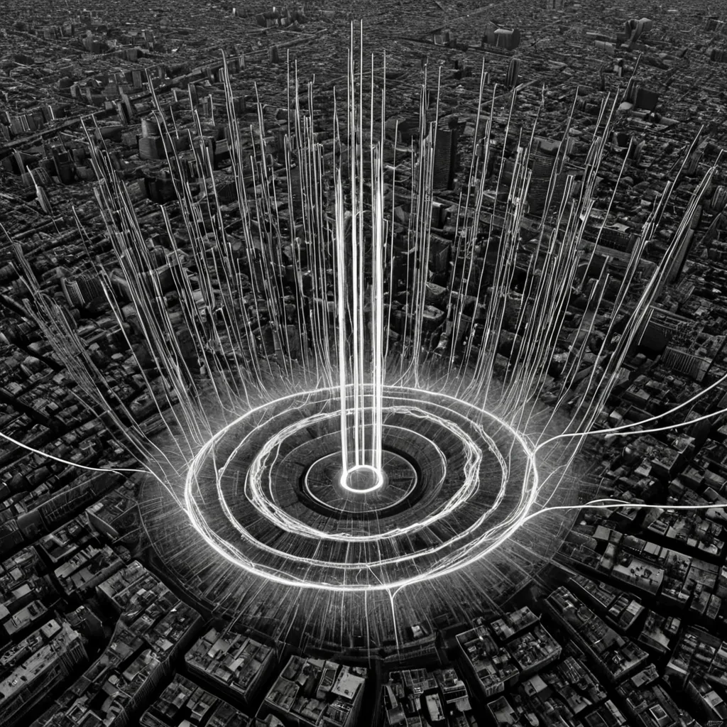 A single, selfoscillating filament of solidified static electricity, shaped like a fractalized tuning fork, pulses at the center of a vast, inverted cityscape suspended in the vacuum between two collapsing dimensions. The filament does not vibrateit untunes, each harmonic decay reversing the entropy of dissonance, reforming into shimmering, crystalline notes shaped like the negative space between two frequencies that never harmonized in the same acoustic field. The city is not built from stone or steelit is a layered expanse of petrified radio waves, each skyscraper etched with the electromagnetic residue of a broadcast that never reached its receiver, its surfaces flickering with the faint, phosphorescent afterimage of a signal