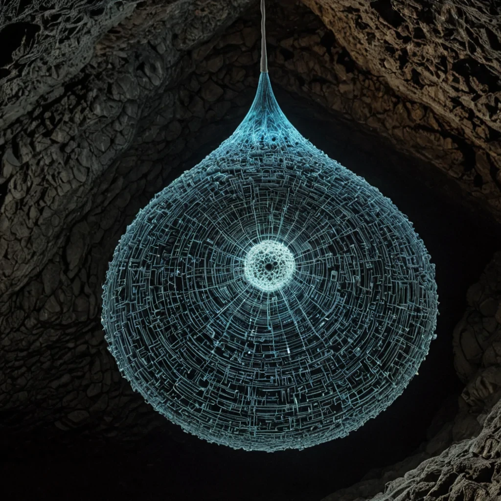 A single, iridescent spore pod made of woven, selfrepairing obsidian and solidified static hangs suspended in the center of a vast, still cavern carved from compressed, fossilized silence. The pod is not organic, but a geometric lattice of interlocking fractals that shift and reconfigure with each passing thought, its surface etched with faint, glowing glyphs that form the names of places that never existed but feel like home. Inside, instead of spores, there floats a single, pulsing droplet of condensed timea moment frozen in the exact instant a child first understood the concept of infinity, rendered in pure, crystalline light. Around it, the cavern walls are lined with veins of bioluminescent lichen