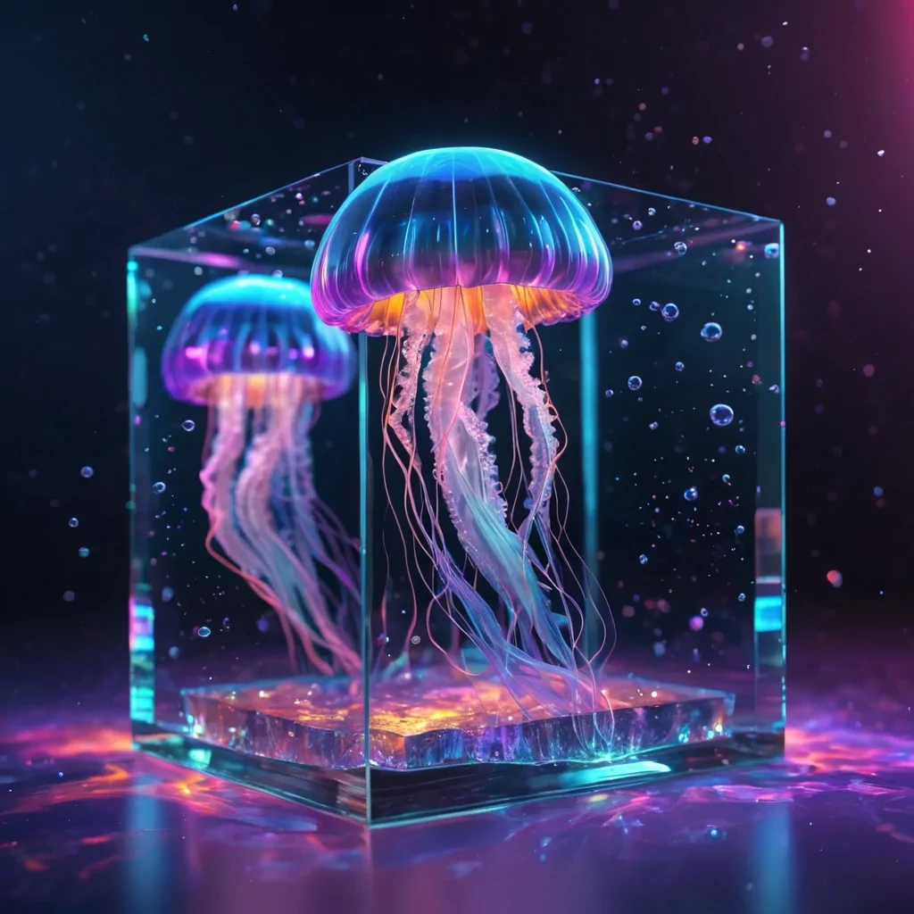 Hyperrealistic neon jellyfish with reflective metallic tendrils floating in a cubic topaz chamber filled with ethereal quantum mist, holographic bubbles drifting in dynamic lighting, soft focus, vibrant colors, 4K