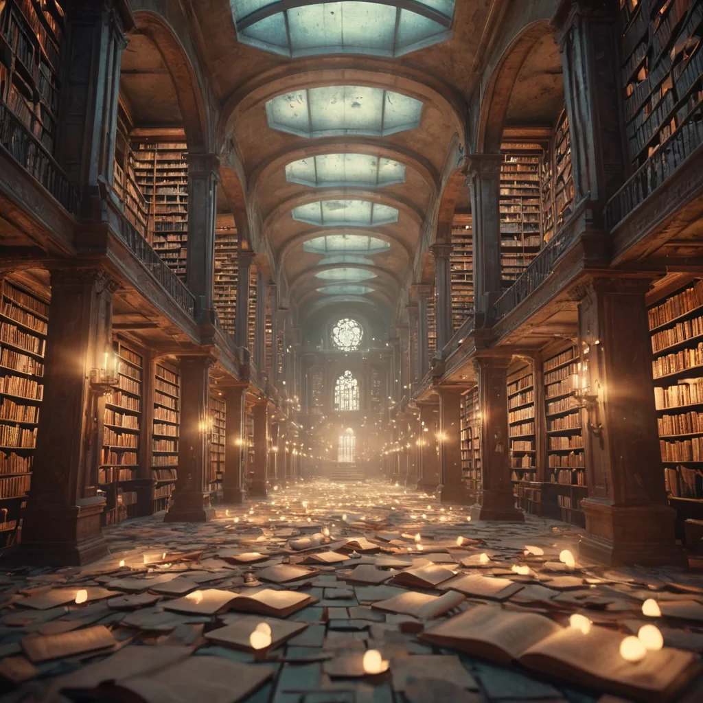 A vast, abandoned library filled with floating, illuminated manuscripts, each one casting a soft glow on the surrounding shelves, hyperrealistic, 4K, cinematic lighting, volumetric lighting, atmospheric effects, dynamic lighting, bokeh effect, soft focus, lens flare, pastel tones, detailed textures.