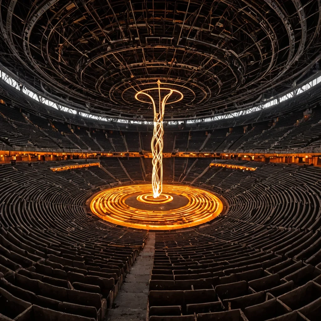 An ultrawide, panoramic view of a vast, openair amphitheater constructed from translucent, pale amber resin blocks stacked in a rough, ancient tiered formation. The seats are not occupied by people but by hundreds of static, rusted, spherical drones hovering at precise altitudes, each emitting a faint, warm orange beacon that flickers in a randomized, asynchronous sequence. The floor of the arena is a perfectly smooth, dark obsidian surface that reflects the drones with high fidelity, creating a symmetrical, inverted city of light beneath the feet of the structure. Suspended above the center of the arena is a massive, tangled knot of thin, white silk threads that vibrate in a highfrequency hum, visible as a blur of motion, catching