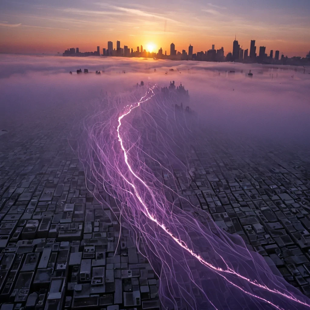 A single, selfsiphoning filament of liquid dawn pulses through the core of a floating, inverted city of mirrored dust, its structure not brick or steel but woven from the thermal afterimage of a thousand unlit sunrises that never warmed the skin of a world that never woke. The filament does not riseit undawns, each pulse dissolving a moment of light into its original absence, releasing a wave of zeroentropy twilight that fractures the fabric of perception into a drifting mist of amethyst, geometric silhouettes, each one etched with the chromatic echo of a horizon that never curved over a sea that never reflected. The citys streets are not pavedthey are frozen instants of breath, each cobblestone a