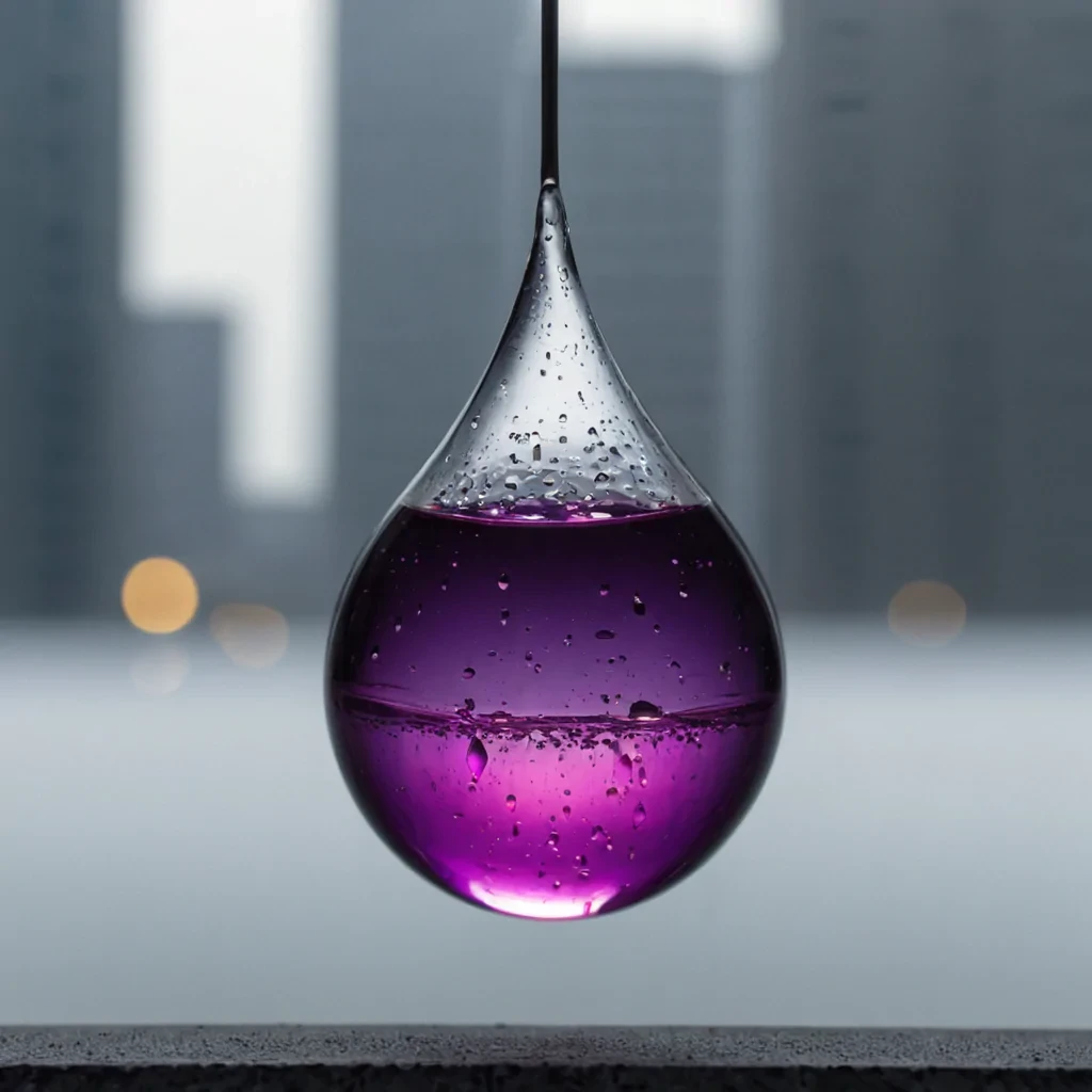 A horizontal, extreme closeup macro shot of a suspended, viscous droplet of liquid neon violet hanging in a void of matte, charcoalgray concrete. Inside the droplet, a microscopic cityscape is frozen in time tiny, brutalist skyscrapers made of white ceramic and rusted copper stand amidst a fog of iridescent oil slicks, their windows emitting a faint, warm yellow glow. The surface of the droplet is distorted by the tension of the liquid, stretching the internal architecture into warped, hyperrealistic reflections. Surrounding the main droplet are three smaller, secondary spheres of clear water that contain floating, geometric fragments of broken glass, each reflecting a different hue of the spectrumelectric blue, hot magenta,