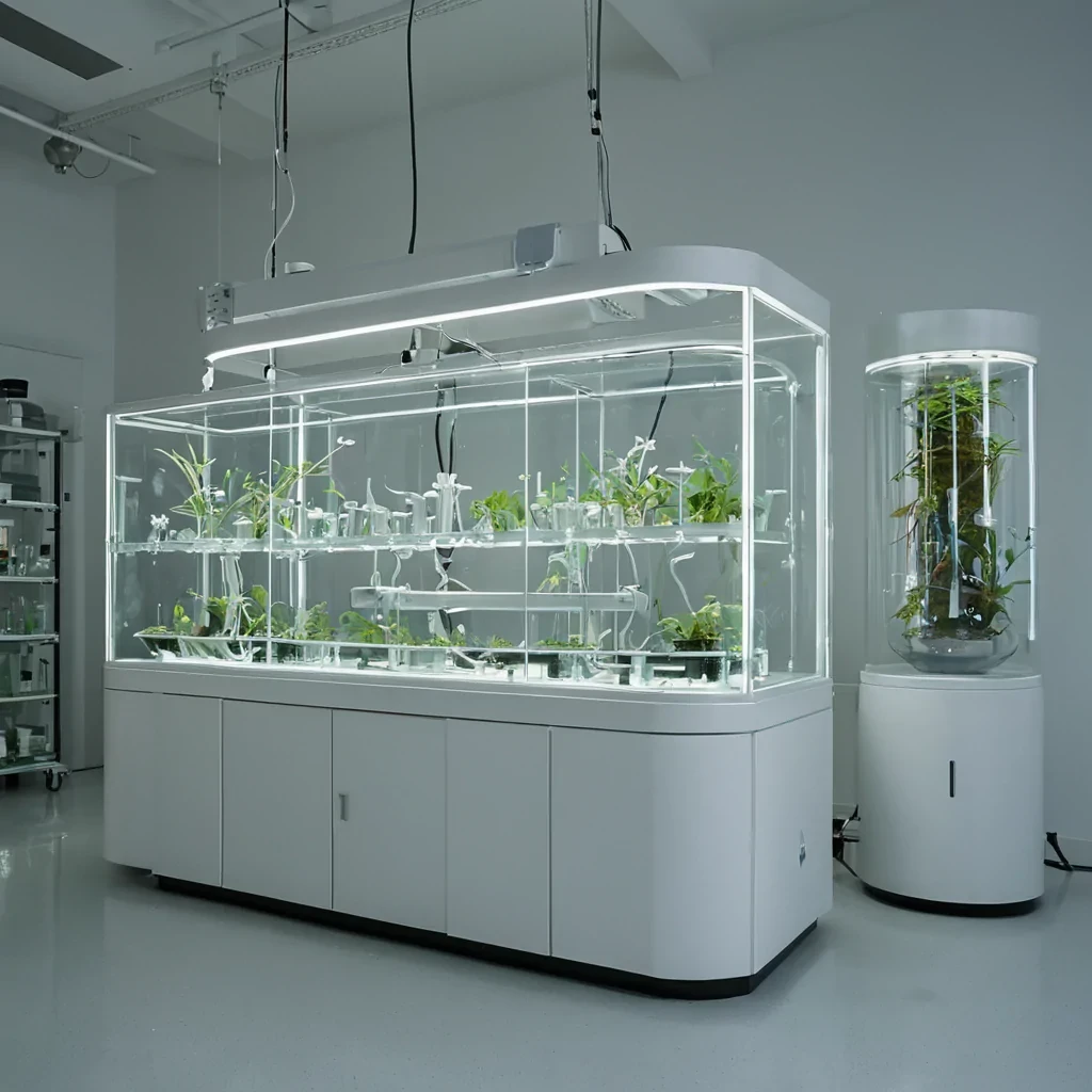 A horizontal, eyelevel medium shot of a pristine, sterile laboratory for acoustic botany, where sound is cultivated in physical form within rows of tall, cylindrical glass terrariums filled with viscous, clear gel. Inside each terrarium, complex, threedimensional sculptures of solidified sound wavesresembling intricate, spiraling ribbons of frosted glass and shimmering silver misthang suspended in the medium, glowing with a faint, ethereal white light. In the foreground, a sonic cultivator with skin the texture of smooth, mattewhite ceramic and wearing a sleek, highcollared lab coat of translucent, iridescent polymer stands behind a curved, obsidian console. They are using a slender, tuningforklike wand to
