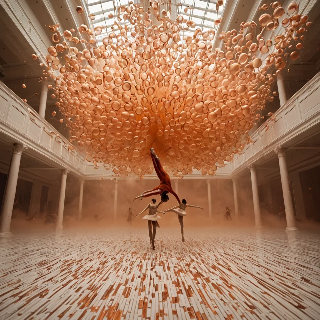 A dynamic, highspeed motion capture photograph of a colossal, abstract ballet performance occurring in a vast, zerogravity atrium filled with dense, warm orange fog. The dancers are not human, but fluid, amorphous blobs of molten gold that stretch and contort in exaggerated, liquidlike arcs, their surfaces highly reflective and smooth, capturing the distorted reflections of the surrounding environment. They move above a floor composed of thousands of tiny, individual, matte white piano keys that are slightly raised and floating in a shallow, undulating wave pattern, creating a textured, rhythmic topography. Suspended in the air around the dancers are hundreds of thin, rigid, vertical slices of frozen water, each containing a single, suspended bubble of deep red
