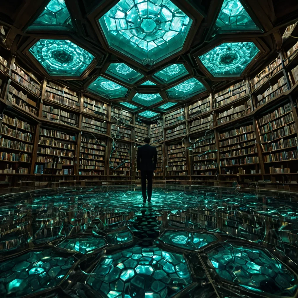 A horizontal, eyelevel wide shot of a vast, submerged library floor constructed from millions of polished, hexagonal obsidian tiles that reflect the rippling light from the water surface above, creating a fragmented, kaleidoscopic pattern of shifting blues and greens. Rising from the center is a colossal, spiraling structure made entirely of transparent, fluidfilled tubes that twist and coil like DNA strands, glowing with a soft, bioluminescent teal light from within. Inside the tubes, tiny, intricate mechanical insects made of brass and crystal crawl upward in synchronized patterns. In the foreground, a figure wearing a sleek, formfitting suit woven from flexible, iridescent kelpfiber fabric in shades of deep emerald and silver stands waistde