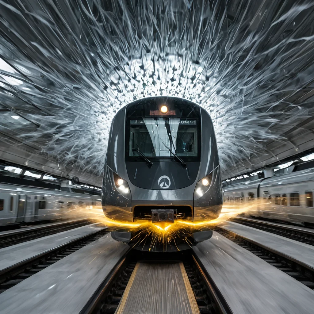 A dynamic, motionblurred photograph of a highspeed train composed of interlocking, semitranslucent hexagonal prisms of frosted glass, racing through a vast, sterile white atrium. The train is not on tracks but is suspended in midair by a dense, swirling vortex of heavy, viscous, matte grey smoke that billows from beneath its undercarriage. Inside the prisms, instead of passengers, are suspended, frozen bursts of golden liquid that have solidified into intricate, spiky star shapes, each emitting a warm, radiant halo. The floor of the atrium is a seamless, dark charcoal rubber surface that reflects the trains underbelly with a soft, diffused glow. The lighting is clinical and stark,