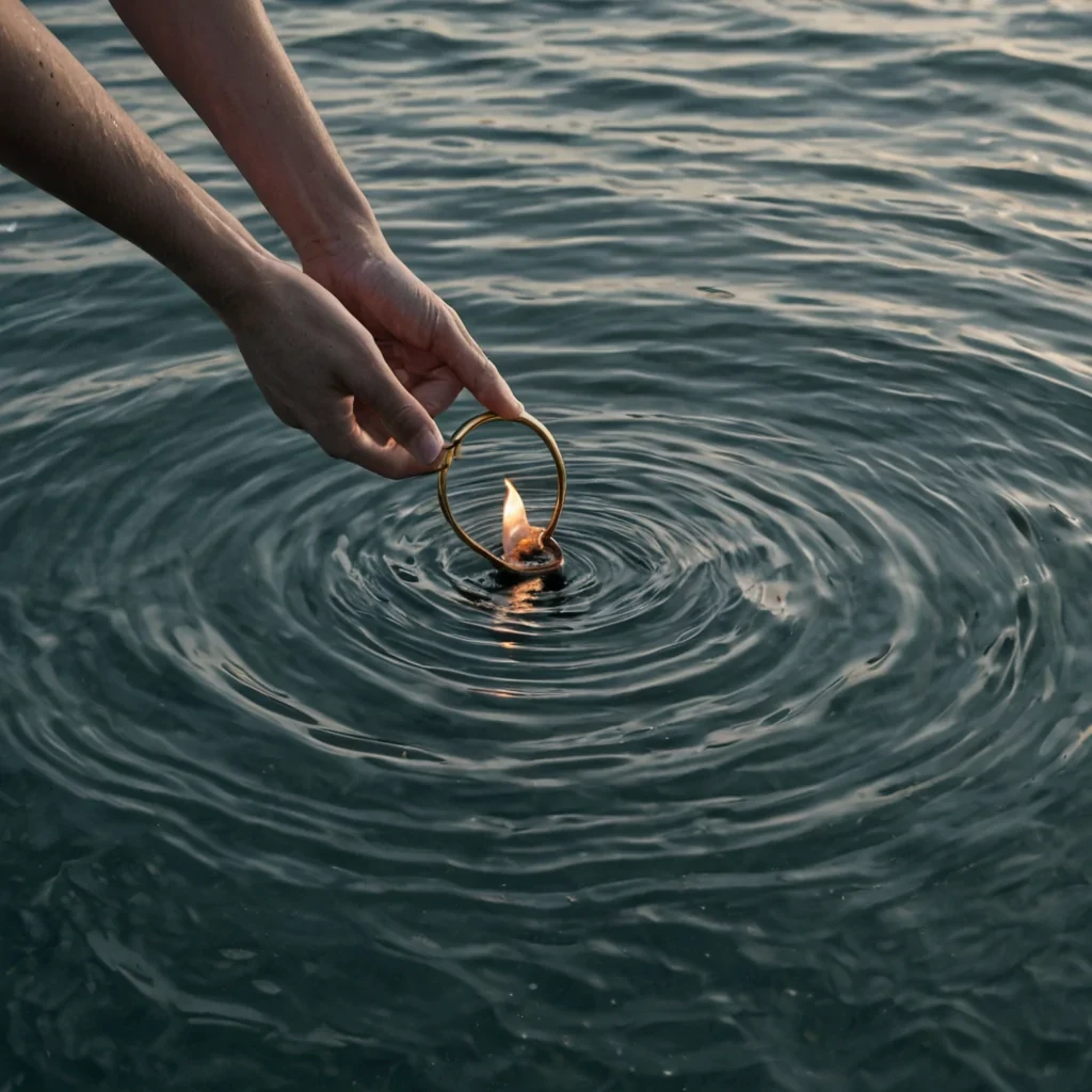 A single, hummingbirdsized locket made of solidified static floats in the center of a vast, still ocean of compressed, untransmitted dreams, its surface not metal but a crystalline lattice of fragmented memories from a civilization that communicated through the scent of unlit matches. The locket does not openit resonates, emitting a low, harmonic hum that distorts the surrounding water into slowmotion ripples shaped like the negative space between two hands that never touched, each wave glowing with the faint, pulsing afterimage of a whispered secret that was almost spoken. The ocean is not liquidit is a thick, viscous medium of suspended intention, each ripple etched with the emotional residue of a decision never made, its surface shimmering