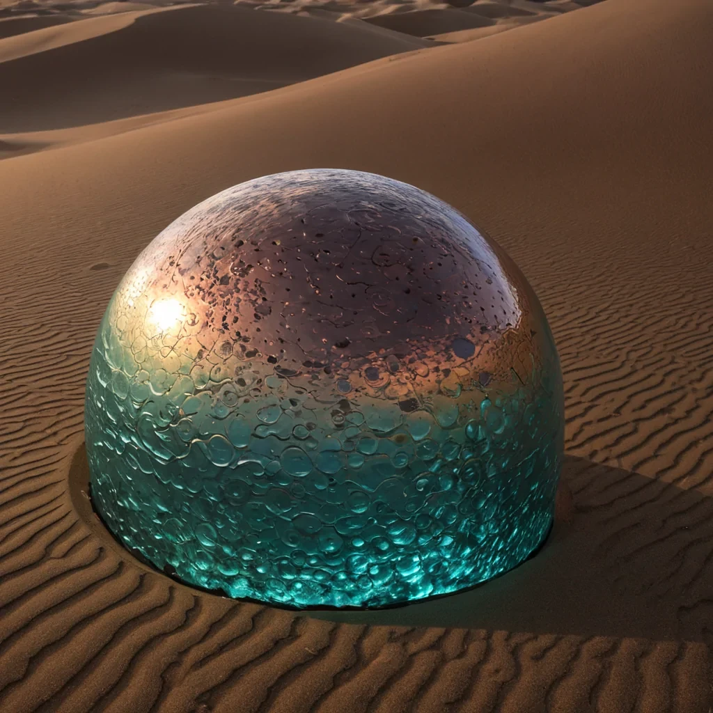 A sweeping, panoramic photorealistic shot of a massive, undulating dune landscape composed entirely of compressed, finegrite sand mixed with crushed, semiprecious garnets, creating a surface that sparkles with deep, winered flecks under the low angle of a twin sun. Resting on the crest of the highest dune is a colossal, spherical drum made of hammered, tarnished copper, its surface inscribed with concentric, topographic maps of fictional continents that glow with a faint, pulsing teal bioluminescence. A single, ultrathin, translucent membrane of iridescent soap film stretches tautly across the face of the drum, vibrating with visible, highfrequency ripples that distort the light passing