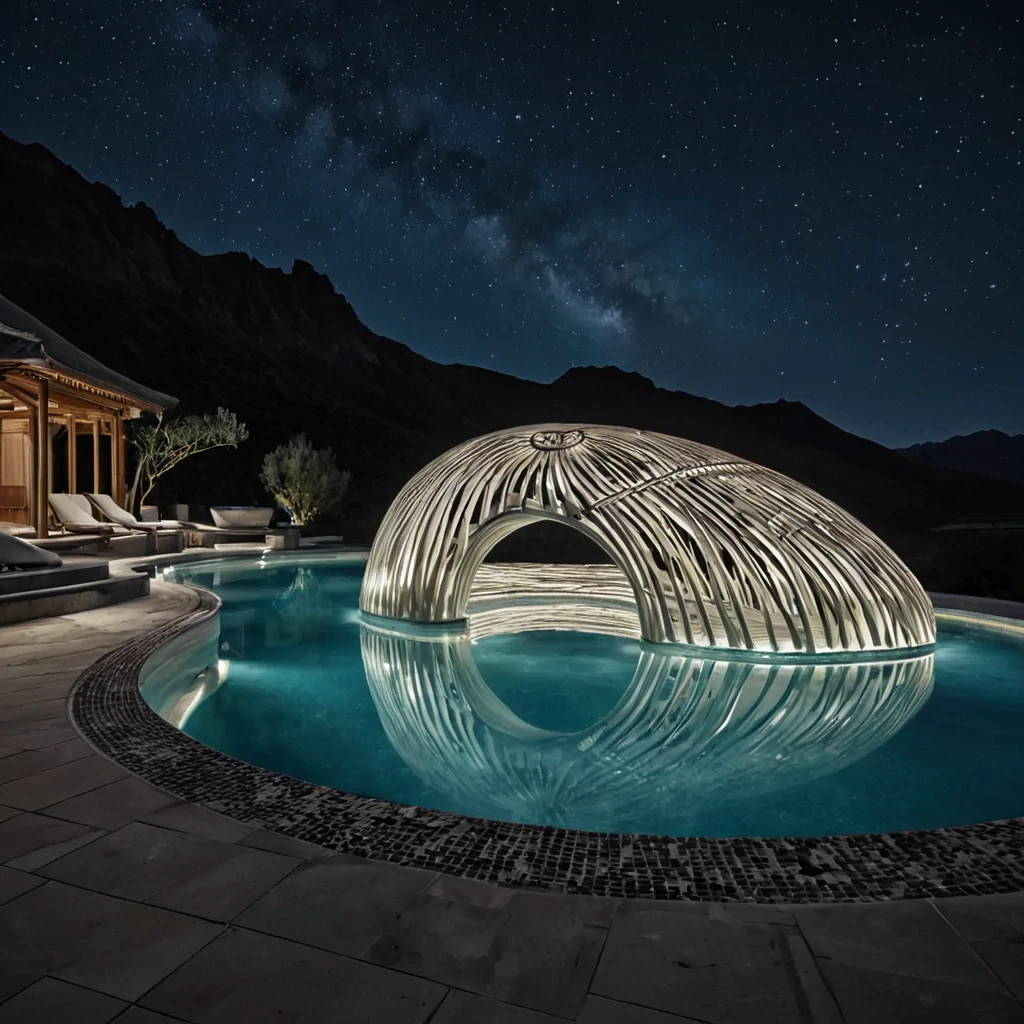 A photorealistic, wideangle shot of a serene, highaltitude plateau paved with smooth, pale limestone tiles, where a massive, circular hot spring filled with milky turquoise water serves as a natural mirror reflecting the deep indigo night sky and a sprawling ring of distant, illuminated mountain peaks. Emerging from the center of the pool is a towering, intricate lattice structure made of woven, glowing white bamboo strips, forming a spiraling, organic shape that resembles a stylized nautilus shell or a blooming flower, with soft, diffused light emanating from within the weave. Surrounding the pool are low, minimalist benches carved from dark, polished basalt, upon which sit several small, ceramic incense holders emitting thin, vertical streams of