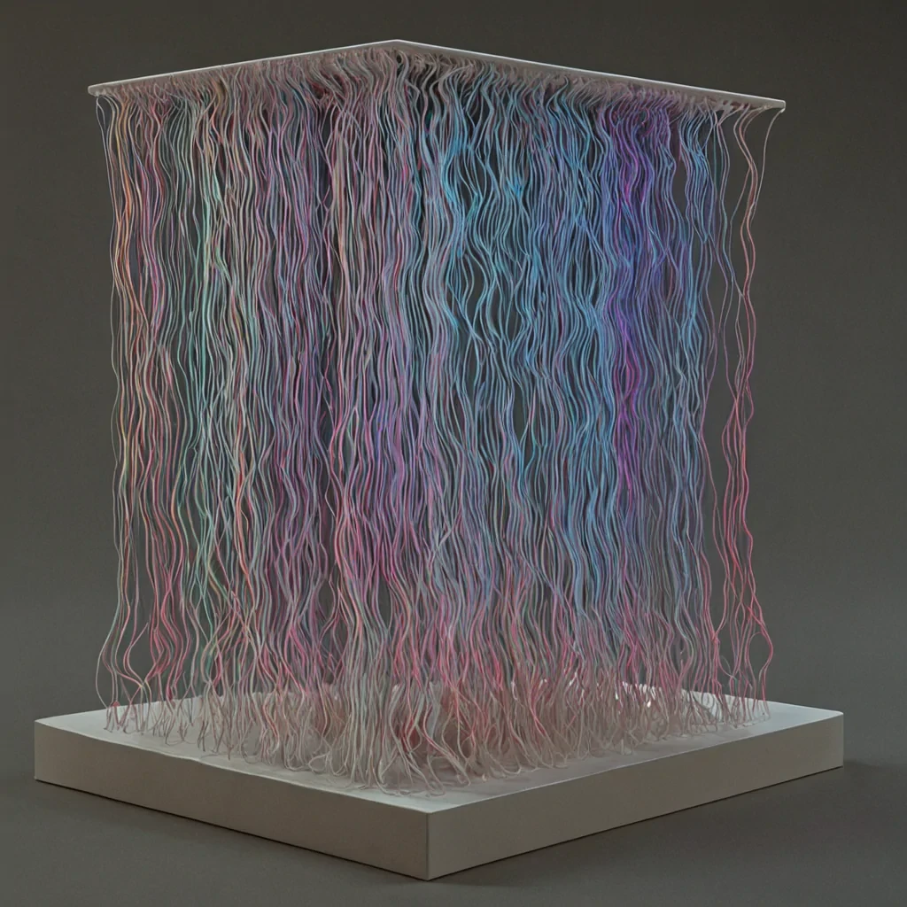 A single, selfrewriting tangle of liquid syntax pulses through the core of a floating, inverted archive of forgotten algorithms suspended in the static between two collapsing data streams, its structure not silicon or code but grown from the thermal residue of a thousand unexecuted commands that never ran. The tangle does not computeit uncomputes, each contraction unraveling a line of logic into its original silence, releasing a wave of zeroentropy data that dissolves the fabric of computation into a mist of iridescent, crystalline errors, each one etched with the chromatic afterimage of a variable that never held a value. The archives shelves are not linearthey spiral inward like the memory trace of a recursive dream, each one a