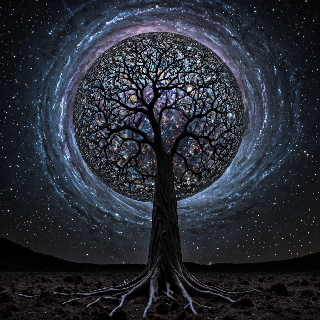 A single, crystalline fractal tree grows upsidedown from the ceiling of a vast, hollowedout observatory suspended in the vacuum between galaxies, its roots not anchored in soil but in solidified constellations of forgotten starlight, each branch splitting into infinite, selfrepeating patterns that map the emotional resonance of every unasked question ever whispered into the dark. The tree does not bloomit unfolds, revealing not flowers, but translucent, humming spheres of compressed silence that pulse in time with the slow, rhythmic expansion of the universe, each sphere etched with the faint, iridescent script of a dream that never took shape. The observatory walls are not metalthey are layers of frozen time, arranged in a