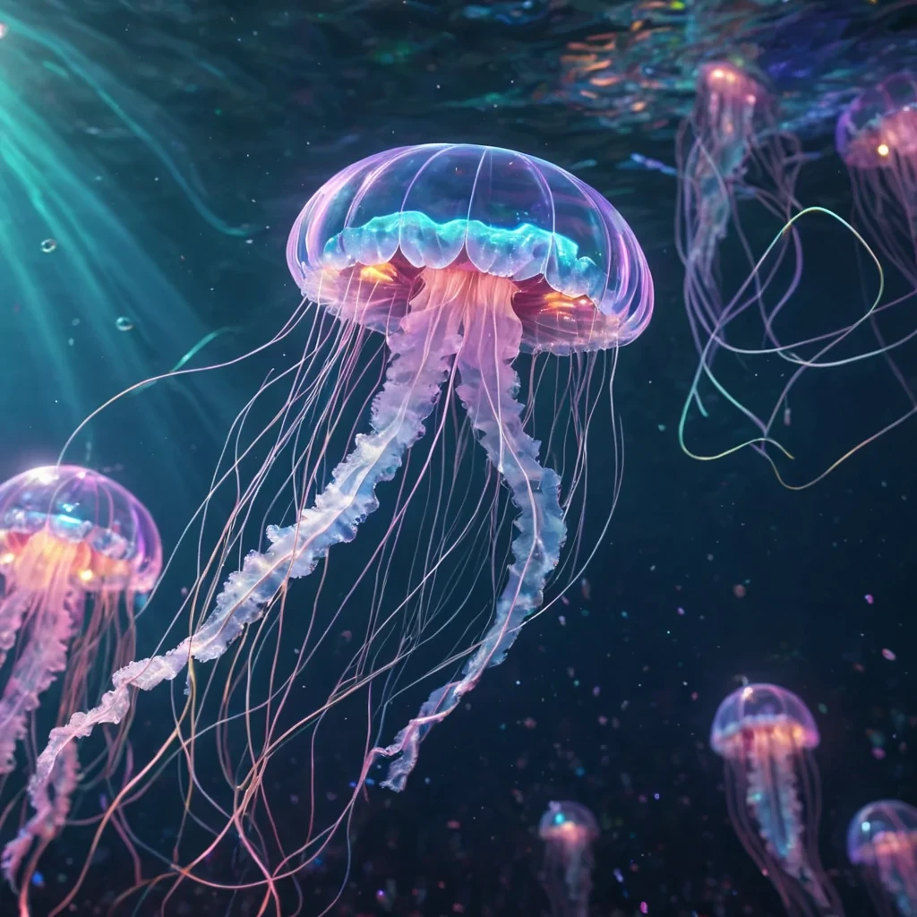 Hyperrealistic neon jellyfish with iridescent tendrils, gracefully drifting through a floating, geometric mosaic of reflective, swirling pastel hexagons, dynamic lighting with volumetric beams, soft focus on its delicate, luminescent body, vibrant colors, 4K resolution, lens flare dancing around its ethereal form in a surreal, futuristic underwater sanctuary.