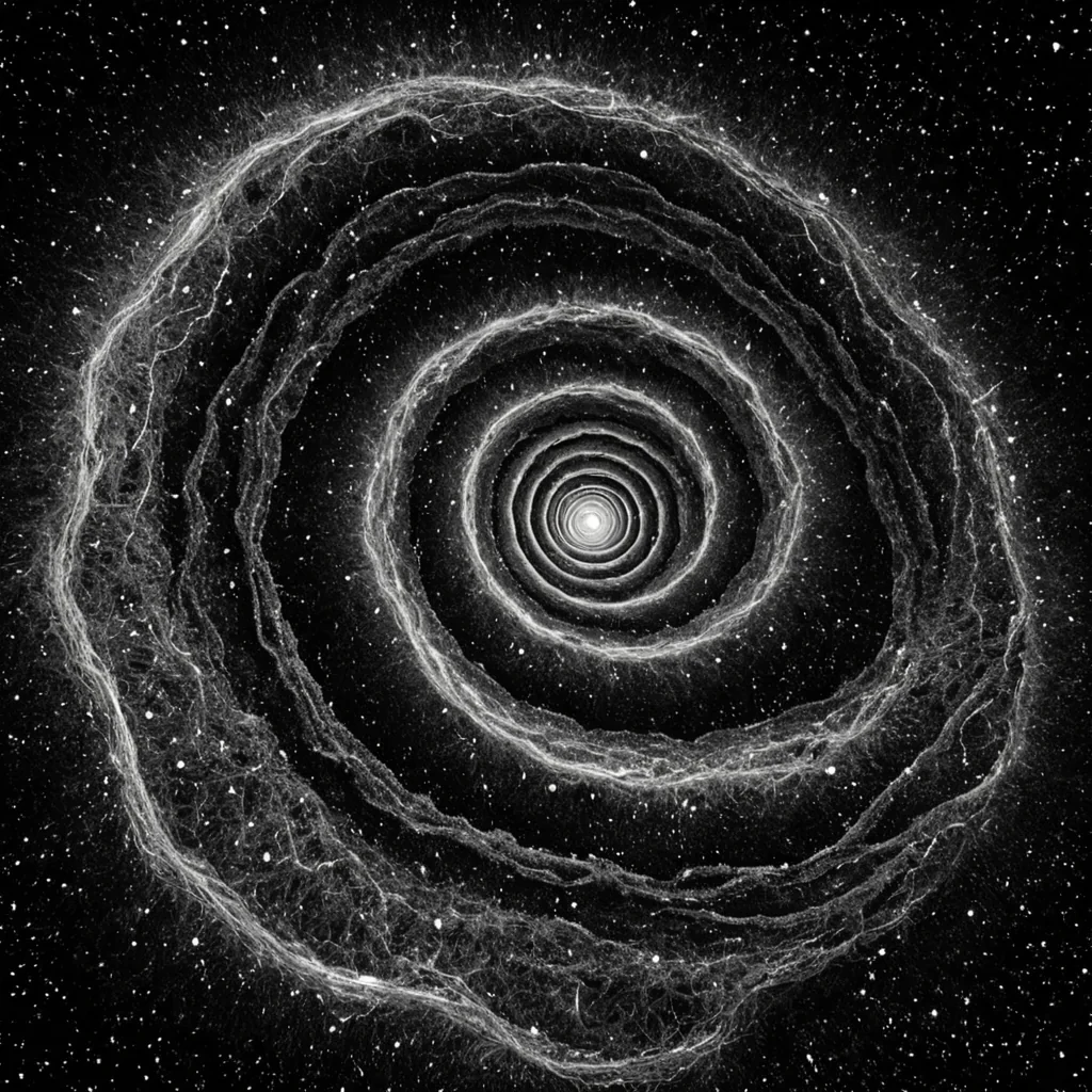 A single, selfigniting filament of solidified stardust, shaped like a 29dimensional spiral of inverted creation and unformed genesis, pulses at the center of a vast, inverted void sculpted from the petrified whispers of a civilization that measured meaning through the duration of synchronized, silent stares held just before the first word was ever allowed to emerge from the silence between stars. The filament does not burnit uncreates, each coil shedding a layer of potentiality that never coalesced into a shared origin, reforming into ephemeral, opalveined afterimages shaped like the negative space between two universes that never collided in the same moment of mutual becoming. The void is not emptyit is a stratified
