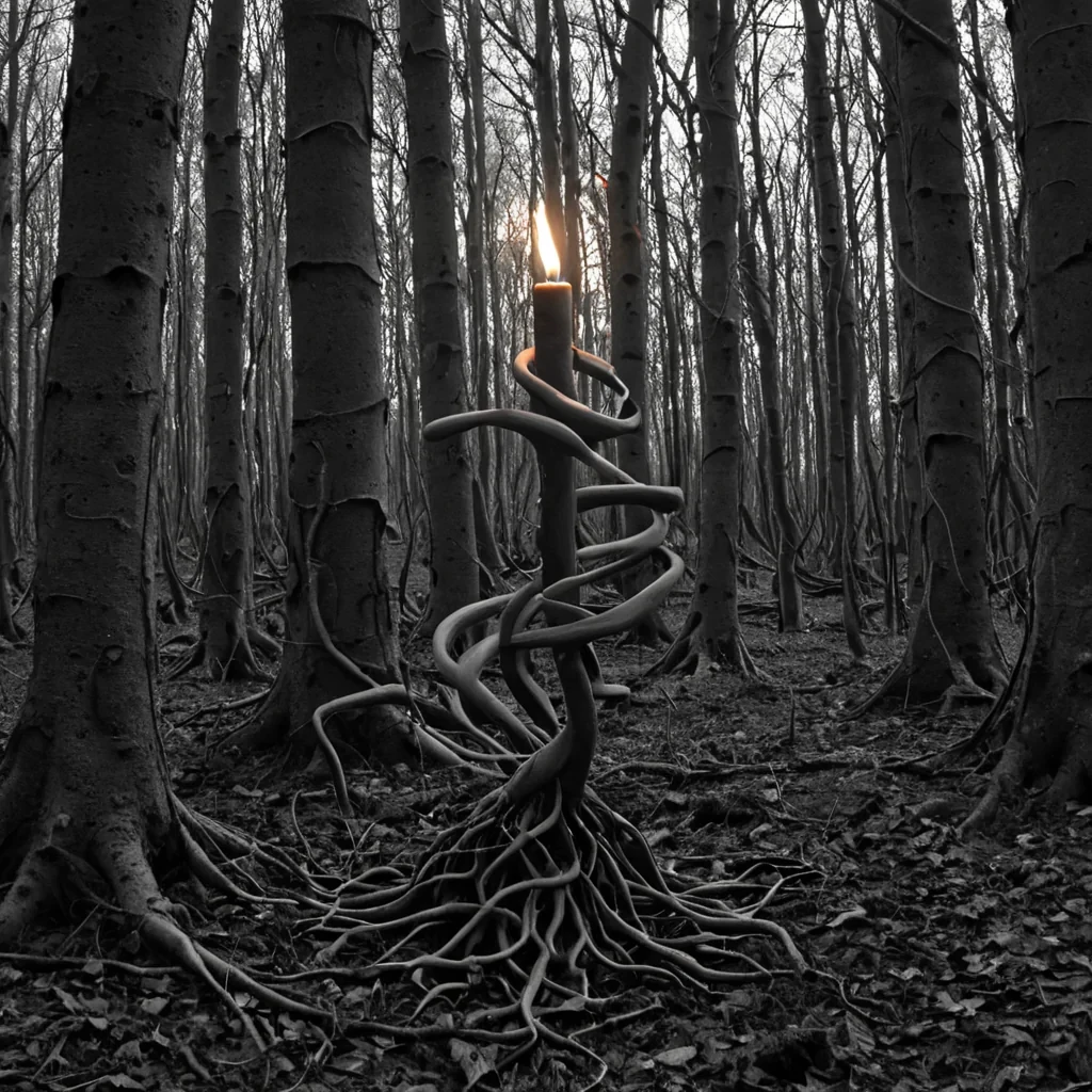 A single, selfigniting filament of reversed shadow, shaped like a 6,421dimensional helix of unformed darkness and inverted light, spirals through a vast, inverted forest of solidified twilighteach tree carved from the exact moment between a leaf unfurling and its refusal to catch the sun, a branch extending and dissolving into nonphotosynthetic void, a root anchoring and collapsing into pure, unmeasured stillness. The helix does not burnit unburns, each twisting strand shedding a layer of thermal potential that never coalesced into visible flame, reforming into ephemeral, obsidianthreaded afterimages shaped like the negative space between two hands that never held a candle in