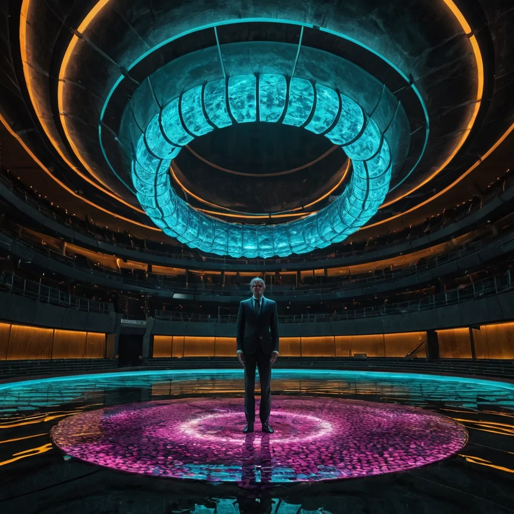 A photorealistic, eyelevel wide shot of a vast, circular arena paved with polished, dark slate, where the floor is entirely submerged under a shallow layer of still, clear water that reflects the surrounding architecture like a mirror. The arena is enclosed by towering, curved walls made of stacked, translucent honeycomb hexagins filled with glowing, bioluminescent algae in varying shades of teal, magenta, and amber. Suspended above the center is a massive, intricate sculpture composed entirely of interlocking, floating rings made of brushed titanium, slowly rotating and catching the light from the walls. A solitary figure wearing a sleek, formfitting suit of matte white fabric with subtle, glowing blue circuitry stands in the center, their reflection perfectly