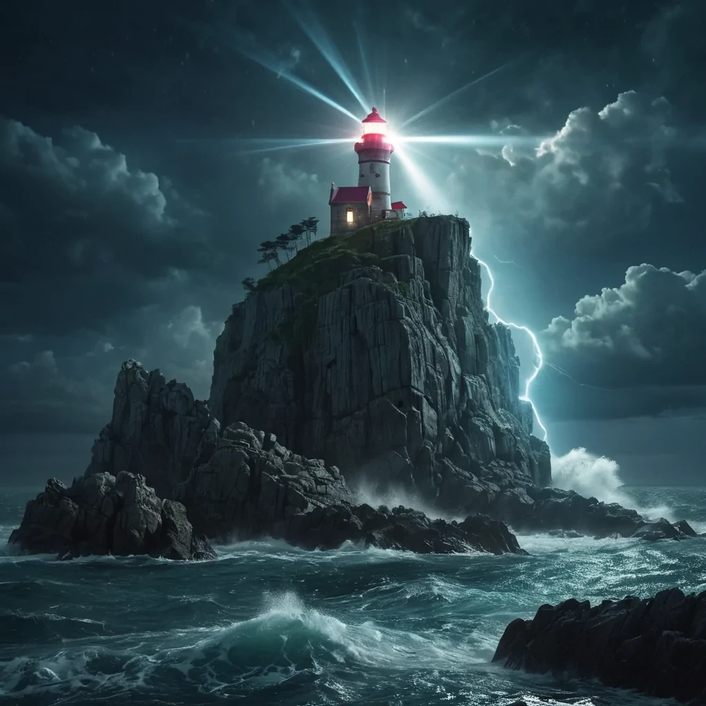 A lone, ancient lighthouse perched atop a towering rock formation, its beam cutting through a stormy night sky filled with levitating, crystalline islands, hyperrealistic, ultra HD, cinematic lighting, volumetric lighting, atmospheric effects, lens flare, vibrant colors, detailed textures.