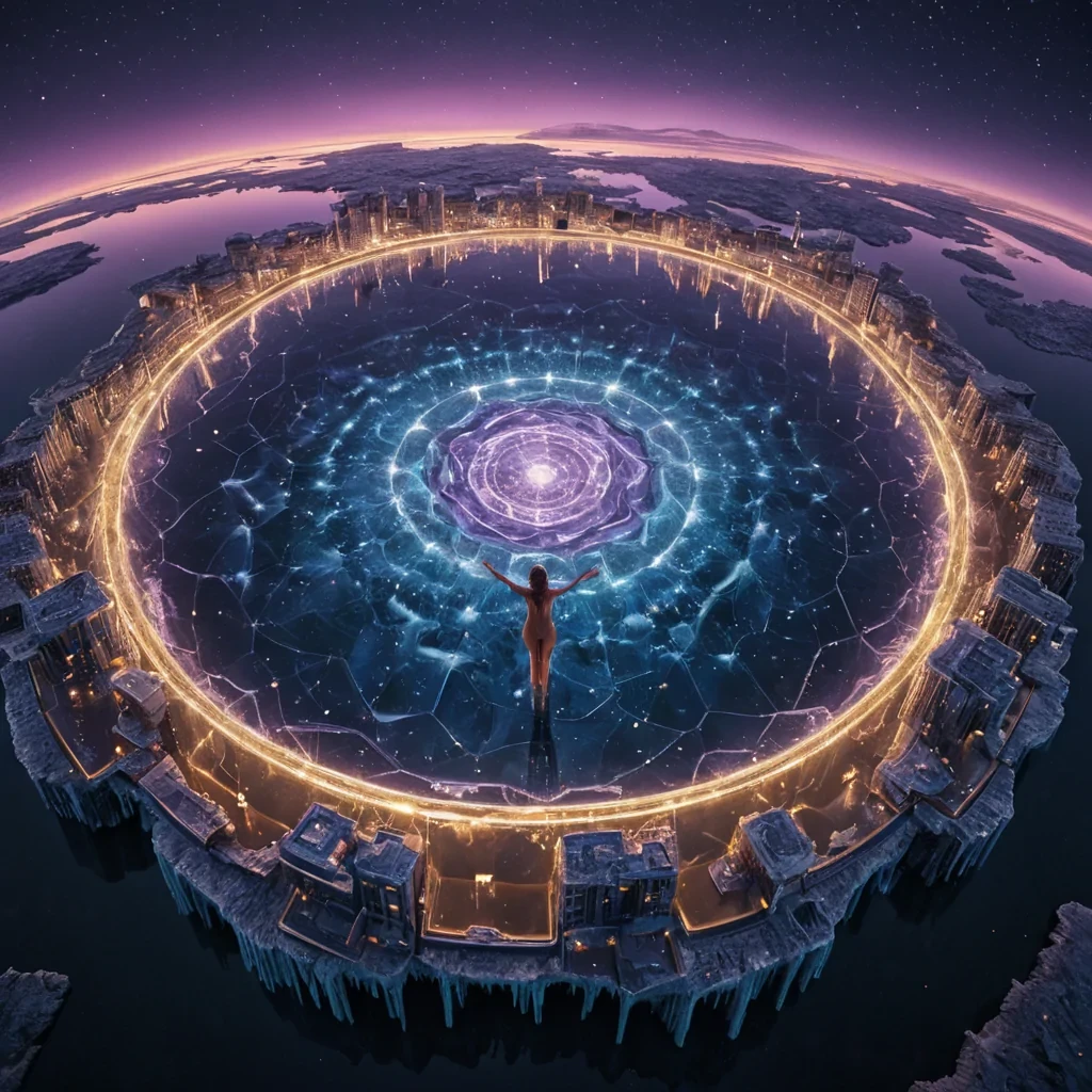 A vertical, highangle aerial shot of a sprawling, circular city built atop the surface of a massive, calm, mercurylike lake that perfectly reflects a sky filled with swirling, auroral ribbons of electric blue and violet. The city itself is a fractal pattern of hexagonal, translucent ice platforms, each housing a single, glowing, spherical habitat made of warm, amberhued glass. In the center of the composition, a serene, ethereal figure with skin like polished marble and hair made of flowing, liquid gold stands on the central platform, arms outstretched, conducting the light. The surrounding air is filled with tiny, floating, geometric shards of crystal that catch the ambient light, creating a sparkling, starfield effect around the figure