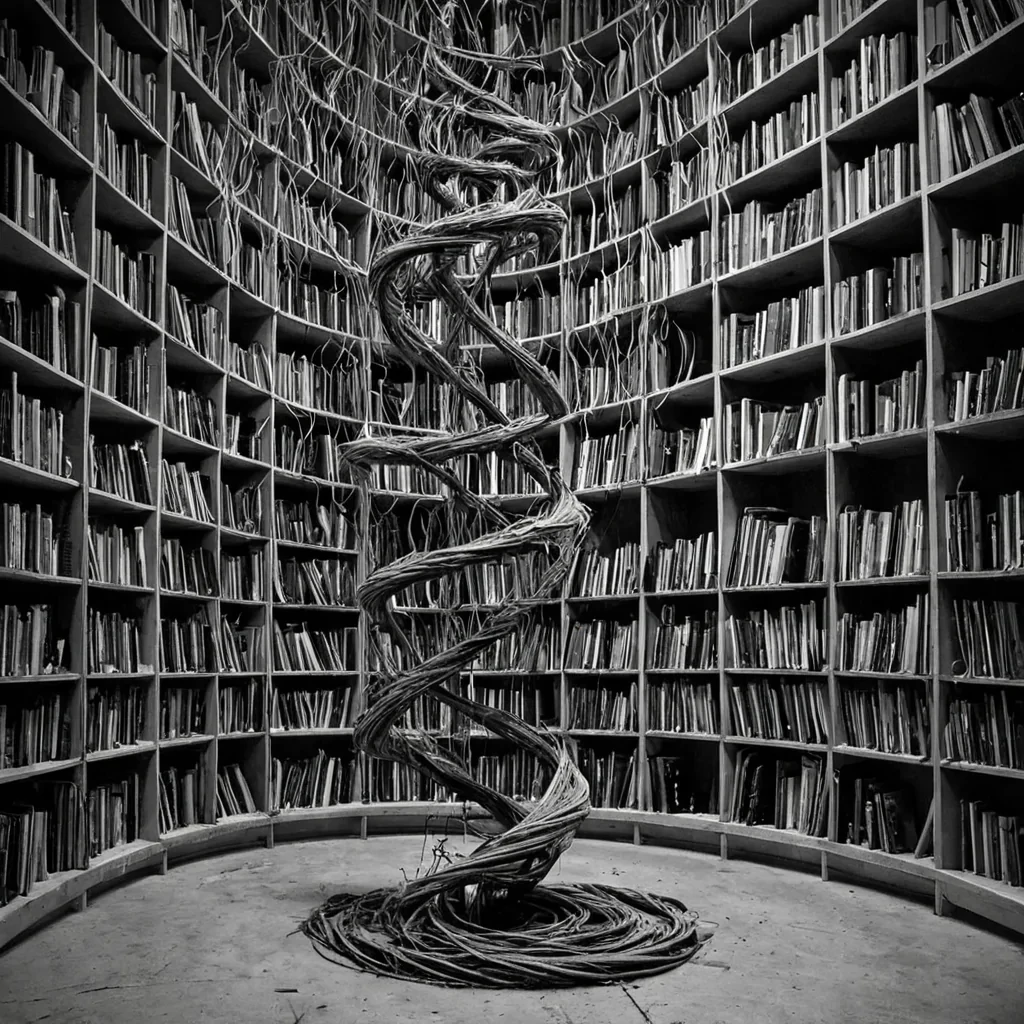 A single, selfsynthesizing filament of reversed memory, shaped like a 3,141dimensional helix of unformed recollection and inverted nostalgia, drifts through a vast, inverted archive of solidified forgetting  each shelf carved from the exact moment between a name being whispered into the wind and its refusal to linger, a photograph fading in the dark and dissolving into nonvisual echo, a scent lingering in the air and collapsing into pure, unmeasured nonpresence. The filament does not preserve the past  it unpreserves it, each spiraling strand shedding a layer of mnemonic potential that never coalesced into coherent remembrance, reforming into ephemeral, moonlightveined mist that settles