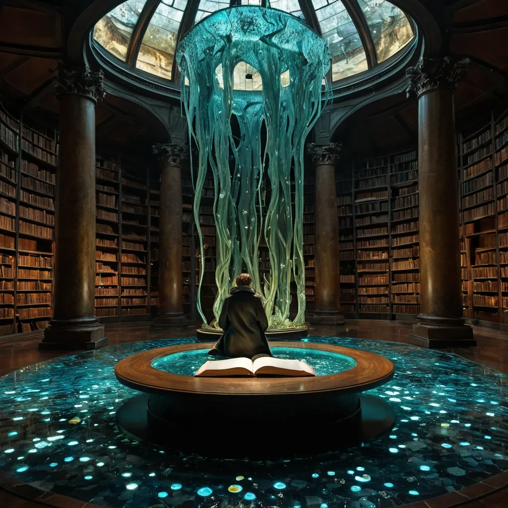 A horizontal, eyelevel wide shot of a serene, sunken library where the architecture consists of towering, translucent columns made of solidified amber resin, each encapsulating a frozen, miniature ocean scene with swirling blue currents and tiny, suspended silver fish. The floor is a mosaic of polished onyx tiles interspersed with intricate inlays of glowing, bioluminescent moss that pulses with a soft, rhythmic green light. In the center foreground, a figure wearing a tailored, charcoalgrey wool coat with subtle brass button details sits on a low, circular bench made of woven dark wood, reading a large, open tome with pages crafted from thin, flexible sheets of etched copper that reflect the ambient, warm light filtering down from a circular skyl