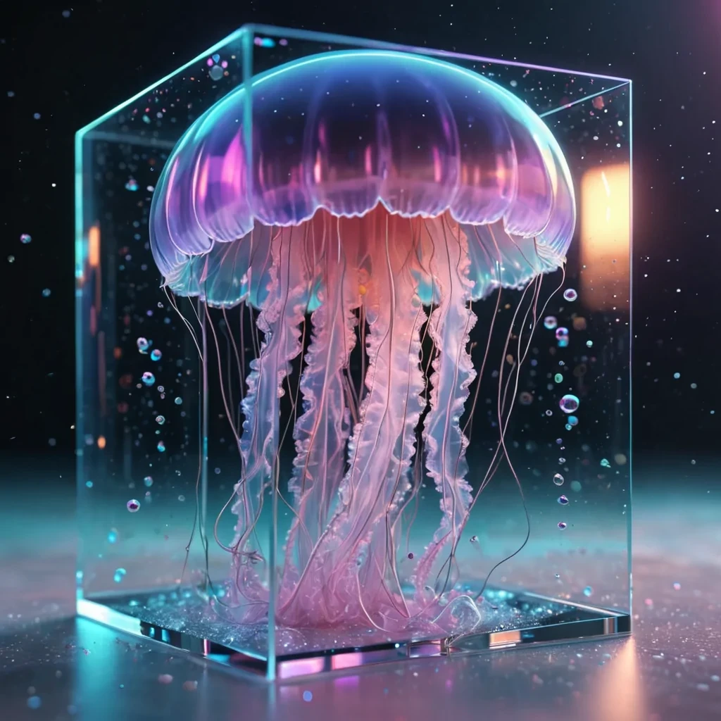 Hyperrealistic neon jellyfish with reflective metallic tendrils drifting in a cubic topaz chamber filled with shimmering quantum droplets, holographic bubbles floating in dynamic lighting, soft focus, pastel tones, 4K