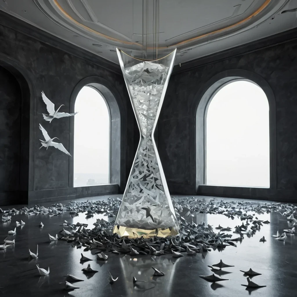 A hyperrealistic, eyelevel medium shot of a solitary, towering structure resembling a giant, vertical hourglass made of frosted, milkywhite glass, standing in the center of a vast, silent room with walls covered in deep, matte charcoal acoustic foam. The hourglass contains no sand, but rather a swirling vortex of thousands of tiny, metallic paper cranes in shades of iridescent silver and pale gold, caught in a slow, upward current that defies gravity. The narrow neck of the hourglass is a seamless ring of polished chrome, emitting a soft, warm white glow that illuminates the intricate folds of the paper birds. The floor is a highly reflective, dark obsidian surface that mirrors the structure and the floating cranes