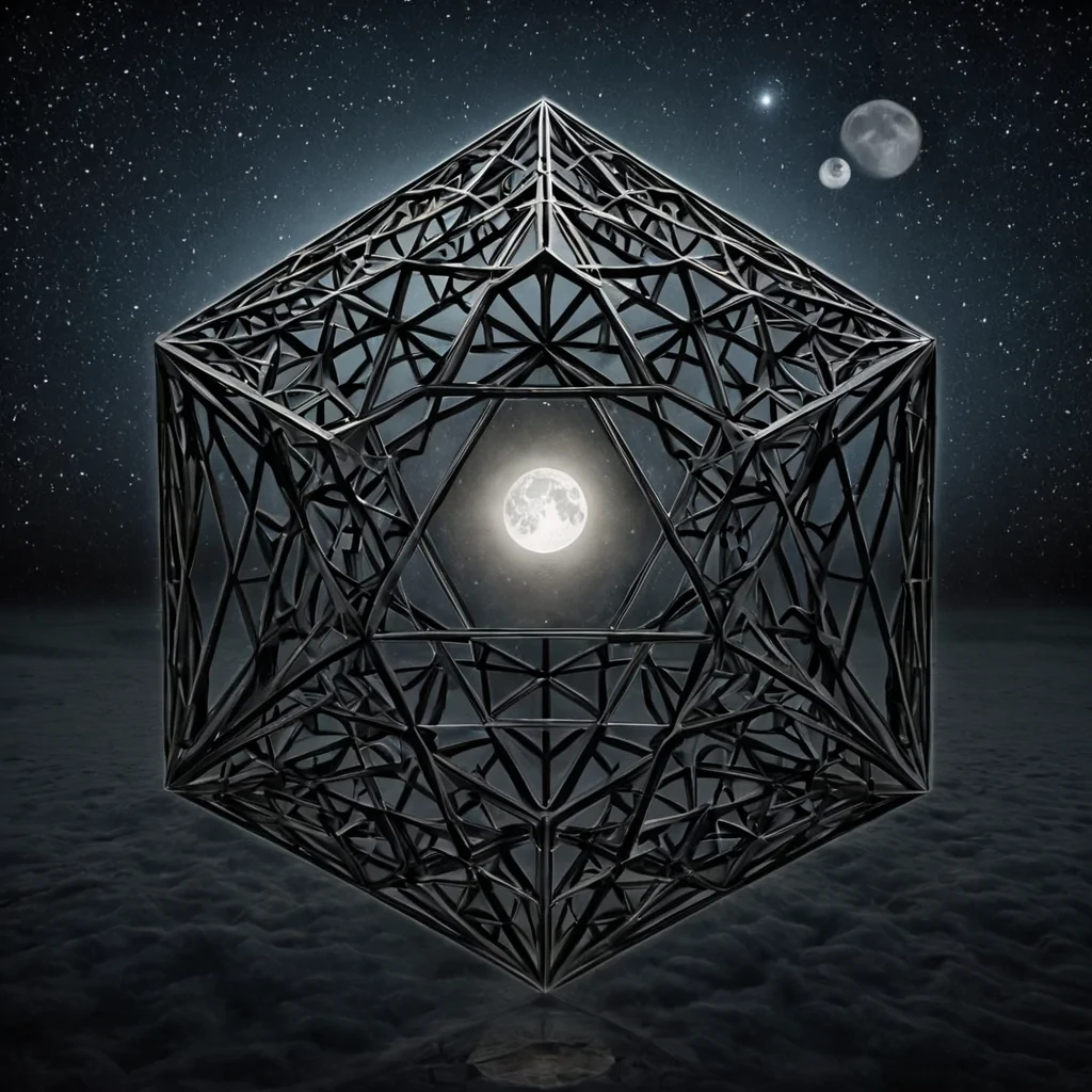 A single, selfrotating lattice of solidified moonlight, shaped like a 4dimensional icosahedron of inverted reflection and unformed stillness, hovers at the center of a vast, inverted observatory built from the petrified silences of a civilization that measured meaning not by symbols, but by the duration of synchronized, silent gazes held just before the first telescope was ever pointed at a star that never burned in their sky. The lattice does not reflectit unsees, each facet shedding a layer of celestial potential that never coalesced into a shared vision, reforming into ephemeral, moonstonethreaded afterimages shaped like the negative space between two eyes that never looked at the same point in the