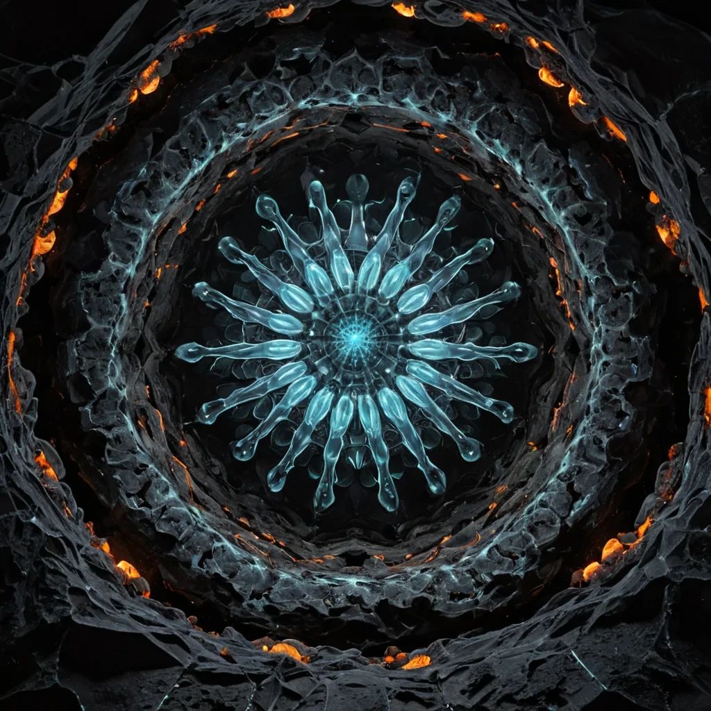 A highresolution, photorealistic shot from within a deep, subterranean cavern where the floor is composed of seamless, polished obsidian that reflects the scene above with perfect clarity. Suspended directly above the center of this mirrorlike void is a massive, intricate structure resembling a giant, skeletal flower made of translucent, pale violet glass bones. The petals are rigid and geometric, arranged in a complex, fractal pattern that twists inward toward a central core of pulsating, bioluminescent cyan light. Inside the core, a dense cluster of tiny, metallic drones hovers in a synchronized swarm, emitting faint, warm orange sparks that drift downward like glowing rain. The air is thick with a subtle, warm humidity that catches the light, creating