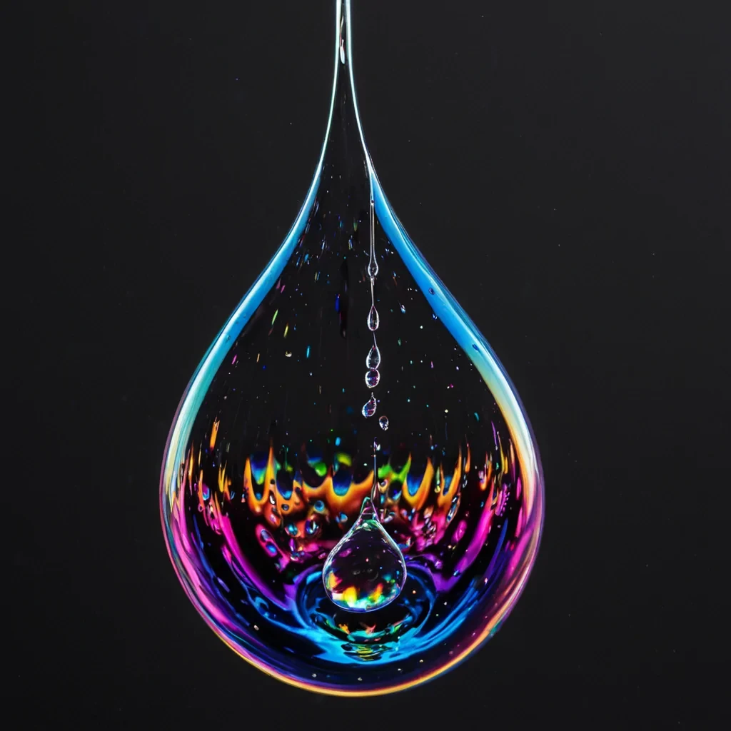 A hyperdetailed, extreme macro photograph of a single, suspended, viscous droplet of iridescent oil floating in midair, captured in perfect stillness. The droplet is not spherical but elongated into a teardrop shape, stretching vertically, with its surface tension creating complex, swirling internal patterns of rainbow spectradeep ultraviolet, bright magenta, and electric limeagainst a matte black background. Inside the droplet, suspended like trapped stars, are microscopic, geometric shards of polished diamond that refract the light into tiny, sharp pinpricks of white brilliance. The surface of the droplet is perfectly smooth and reflective, mirroring a distorted, blurred reflection of a vast, industrial steel lattice structure, suggesting a high