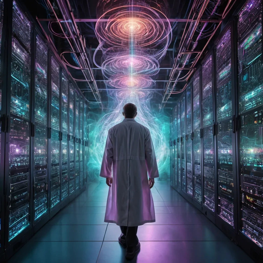 Quantum Whisper A solitary, hyperrealistic, quantum physicist, cloaked in a vibrant, Ultra HD, neonlit lab coat, stands in the heart of a colossal, surreal, holographic supercomputer. The supercomputers intricate, detailed textures pulsate with cinematic, volumetric lighting, casting dynamic shadows across its sprawling, geometric circuits. Atmospheric effects create a swirling, ethereal mist, revealing the physicists serene, introspective expression as they gaze upon a mesmerizing, ultraHD quantum fluctuation, dancing gracefully within the supercomputers core. The fluctuations iridescent, pastel hues cast a soft, bokeh effect, illuminating the physicists weathered,