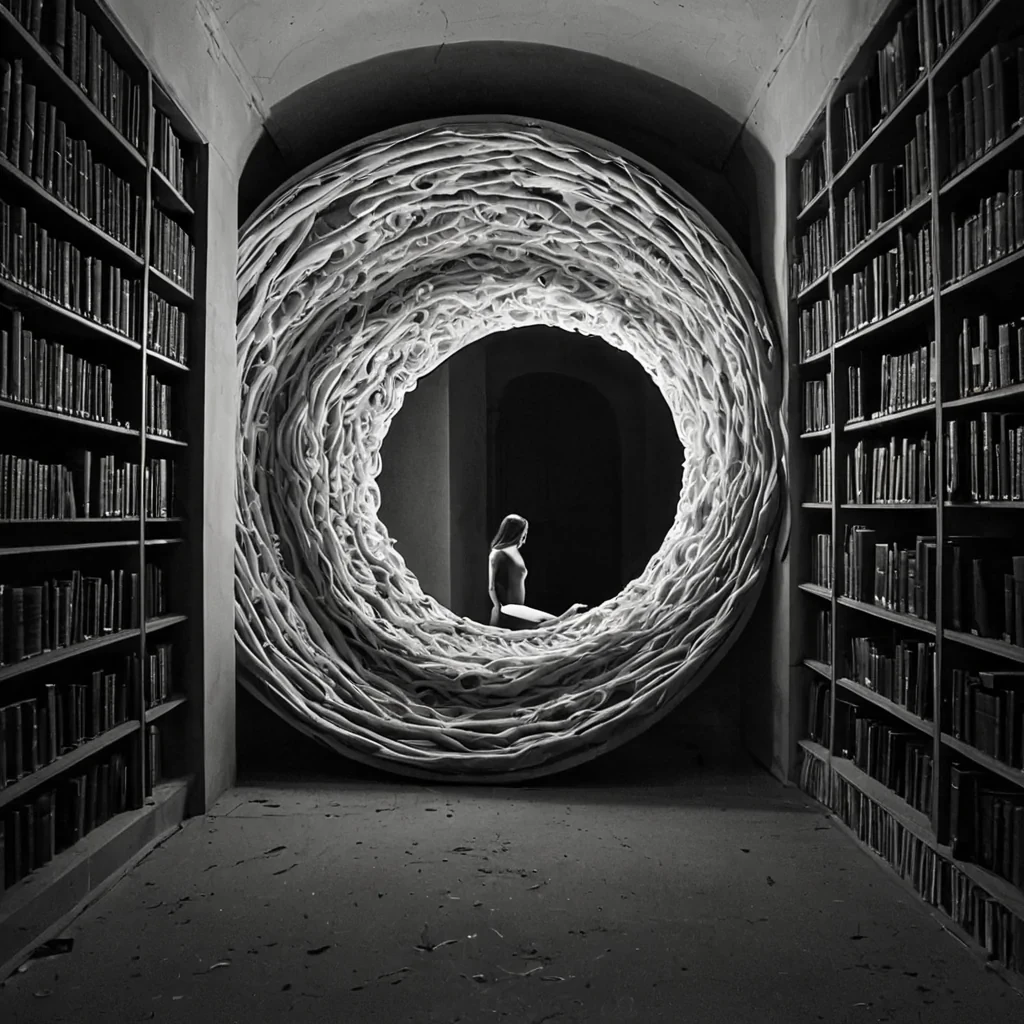 A single, breathing tangle of woven light and solidified static drifts through the hollow core of a forgotten library built inside a dormant black hole, its structure not fixed but constantly reshaping itself into the silhouette of a hand reaching out from a mirror that never existed. The tangle does not vibrateit sighs, releasing waves of compressed silence that ripple not through air, but through the fabric of unremembered lullabies, each wave forming the shape of a door that was never closed. The librarys shelves are not made of woodthey are layers of inverted memory, arranged in a spiral that spirals outward like a wound that never healed, each shelf glowing faintly with the afterimage of a breath held too long.