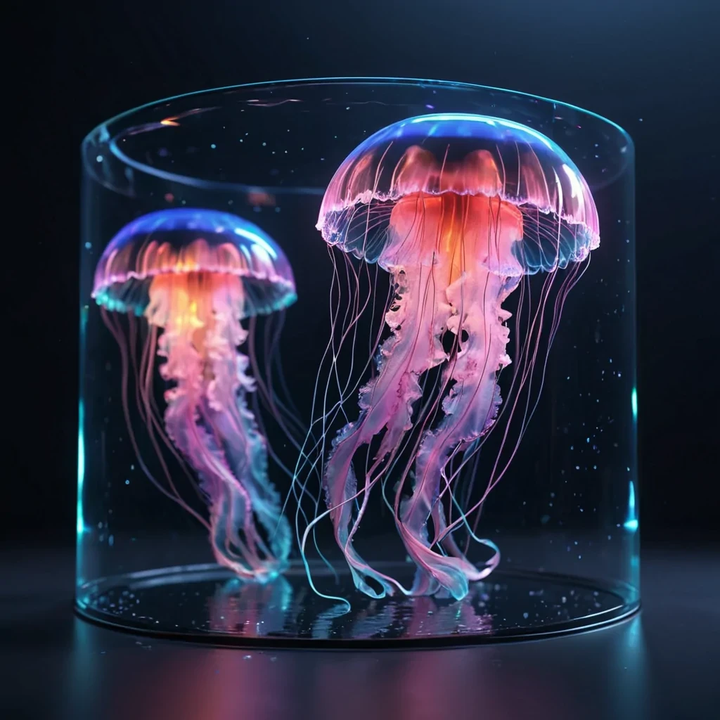 Hyperrealistic neon jellyfish floating in a reflective metallic tank, holographic tendrils dancing under volumetric lighting, dynamic shadows, soft focus, vibrant colors, 4K