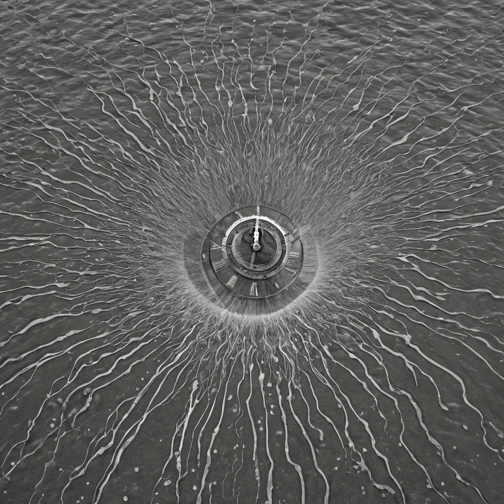 A single, selfrewriting constellation of liquid time, shaped like a 713dimensional river of unformed chronology and inverted causality, flows through the center of a vast, inverted clocktower of solidified stasiseach gear frozen midturn in the exact moment between a seconds passage and its refusal to tick, a pendulums swing and its sudden collapse into still air, a chimes resonance and its silent unraveling into pure silence. The river does not flowit unflows, each shimmering current shedding a layer of temporal potential that never coalesced into a shared sequence, reforming into ephemeral, topazthreaded afterimages shaped like the negative space between two hands that never turned the same hour