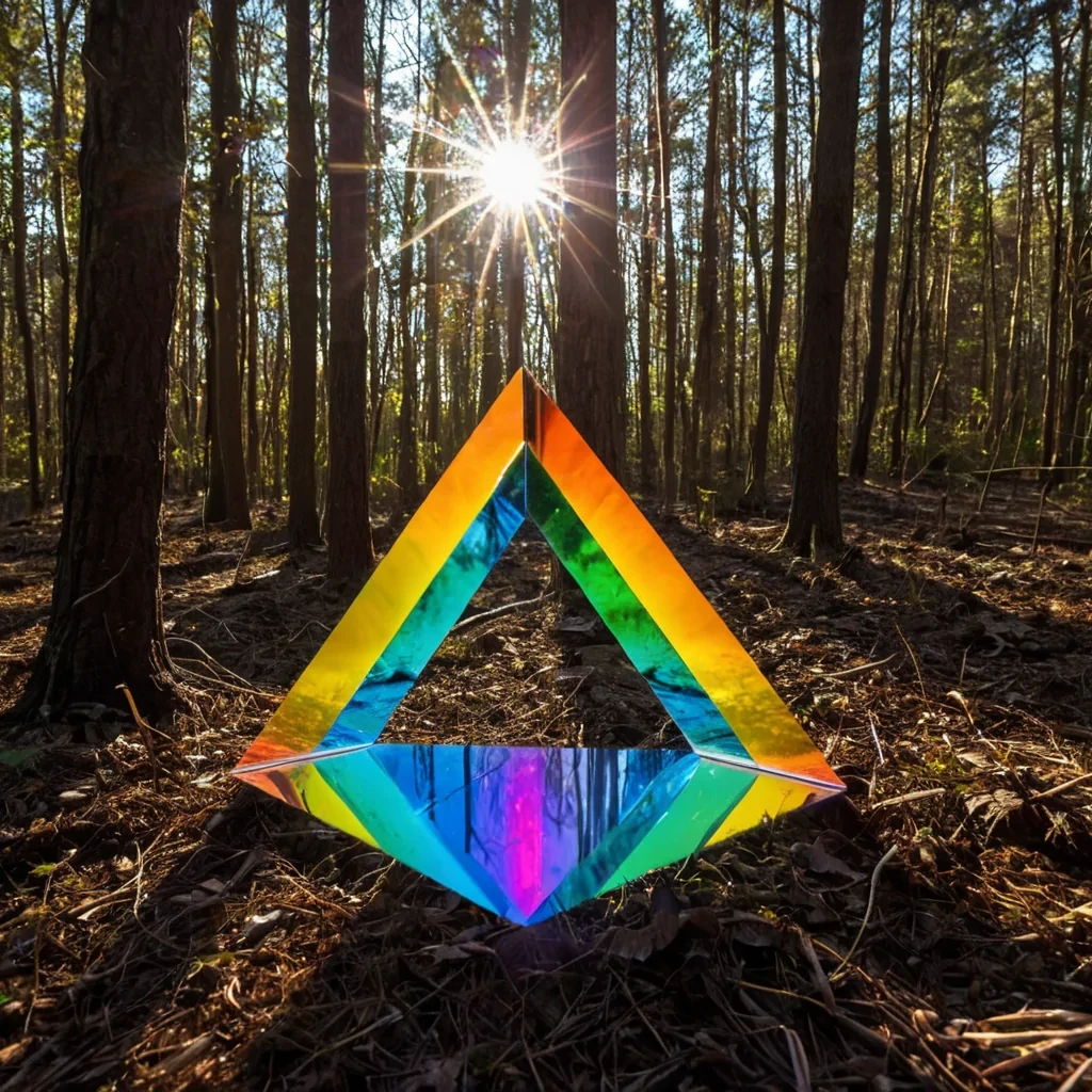 A single, selfreflecting prism of reversed light, shaped like a 7,429dimensional kaleidoscope of unformed color and inverted spectrum, rotates through the hollow core of a vast, inverted forest of solidified shadow. Each facet is spun from the exact moment between a rainbow forming in the sky and its refusal to refract, a leaf catching sunlight and dissolving into nonglisten, a breath syncing with the rhythm of a forgotten season and collapsing into pure, unmeasured nonillumination. The prism does not disperse lightit undisperses it, each rotating edge shedding a layer of chromatic potential that never coalesced into warmth, growth, or the weight of being seen. As it spins backward