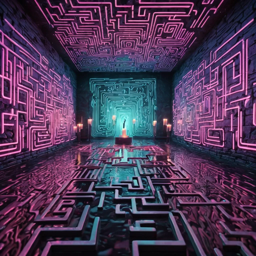 A vast, neondrenched labyrinth where walls shift like liquid mercury, inhabited by luminescent, spectral beings that dance and flicker like candles in the wind, hyperrealistic, ultra HD, cinematic lighting, volumetric lighting, atmospheric effects, lens flare, vibrant colors, detailed textures.