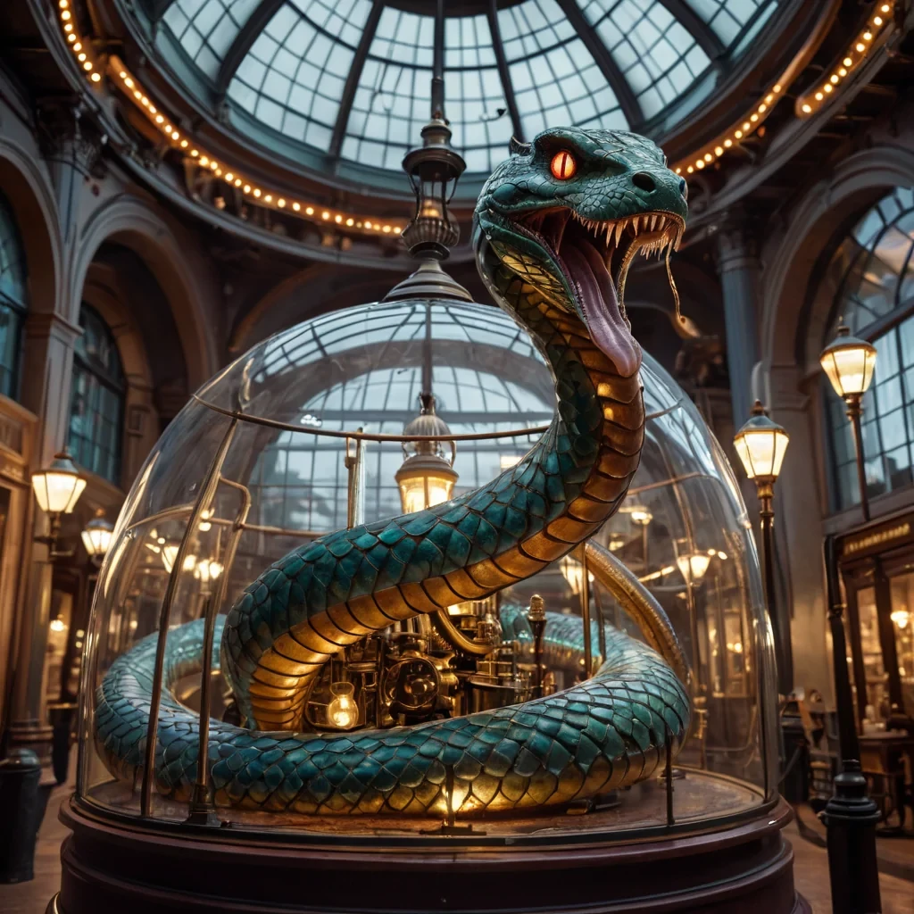 A colossal, mechanical serpent slumbers beneath a glass dome in a Victorianera museum, its metallic scales glinting under flickering gas lamps, hyperrealistic, ultra HD, cinematic lighting, volumetric lighting, atmospheric effects, bokeh effect, vibrant colors, detailed textures.